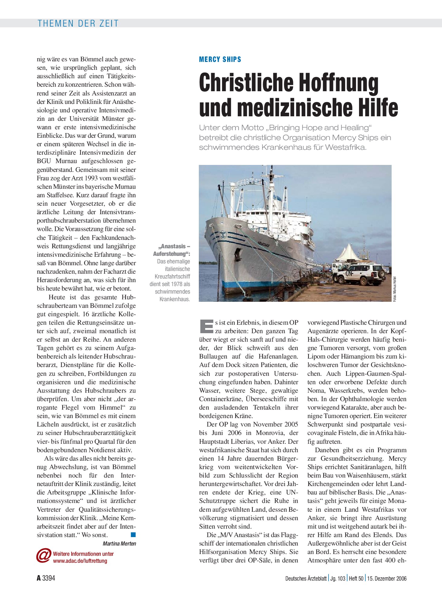 Vorschauseite 1: Mercy Ships: Christliche Hoffnung und medizinische Hilfe – Deutsches Ärzteblatt