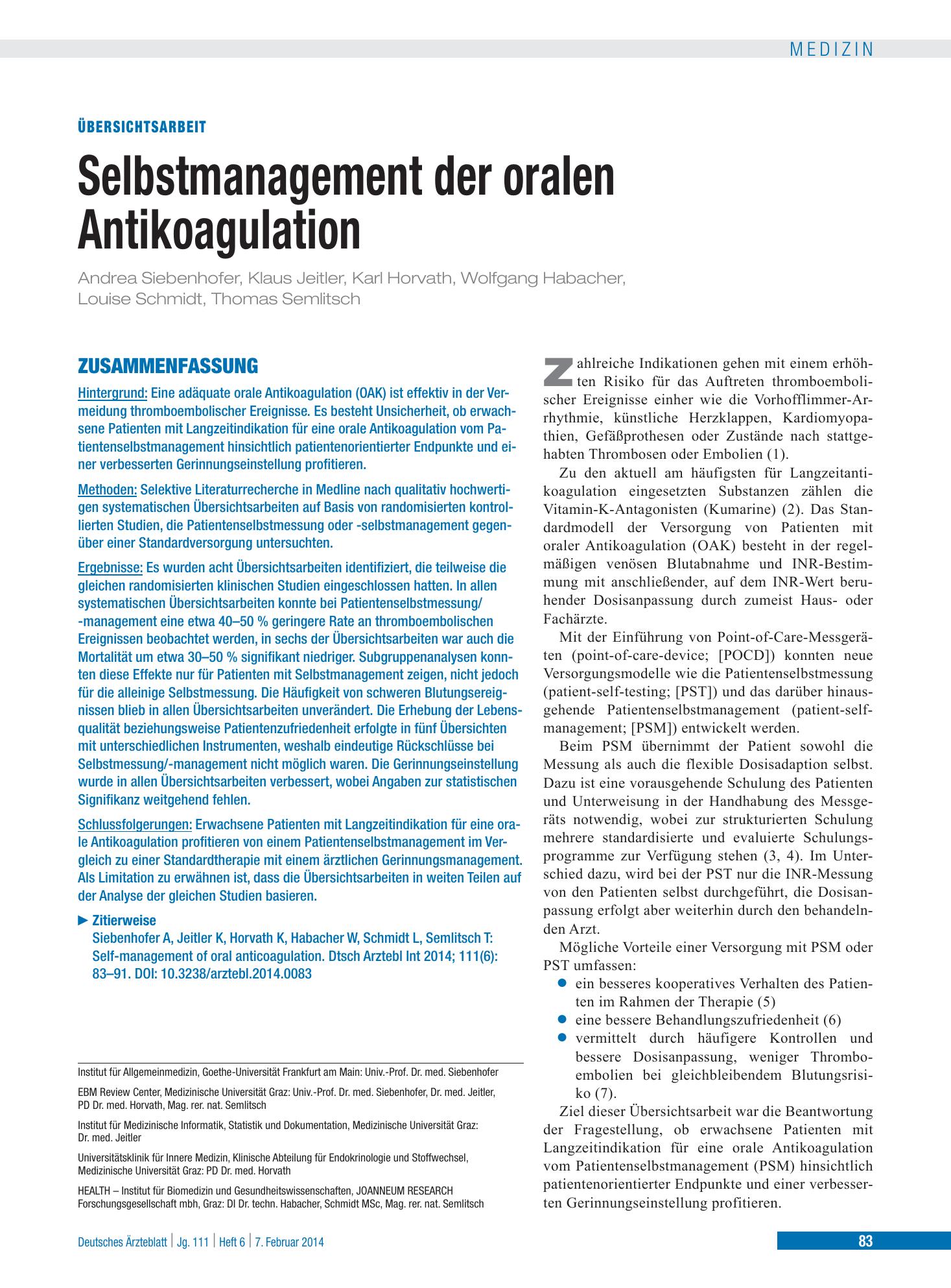 Vorschauseite 1: Selbstmanagement der oralen Antikoagulation – Deutsches Ärzteblatt