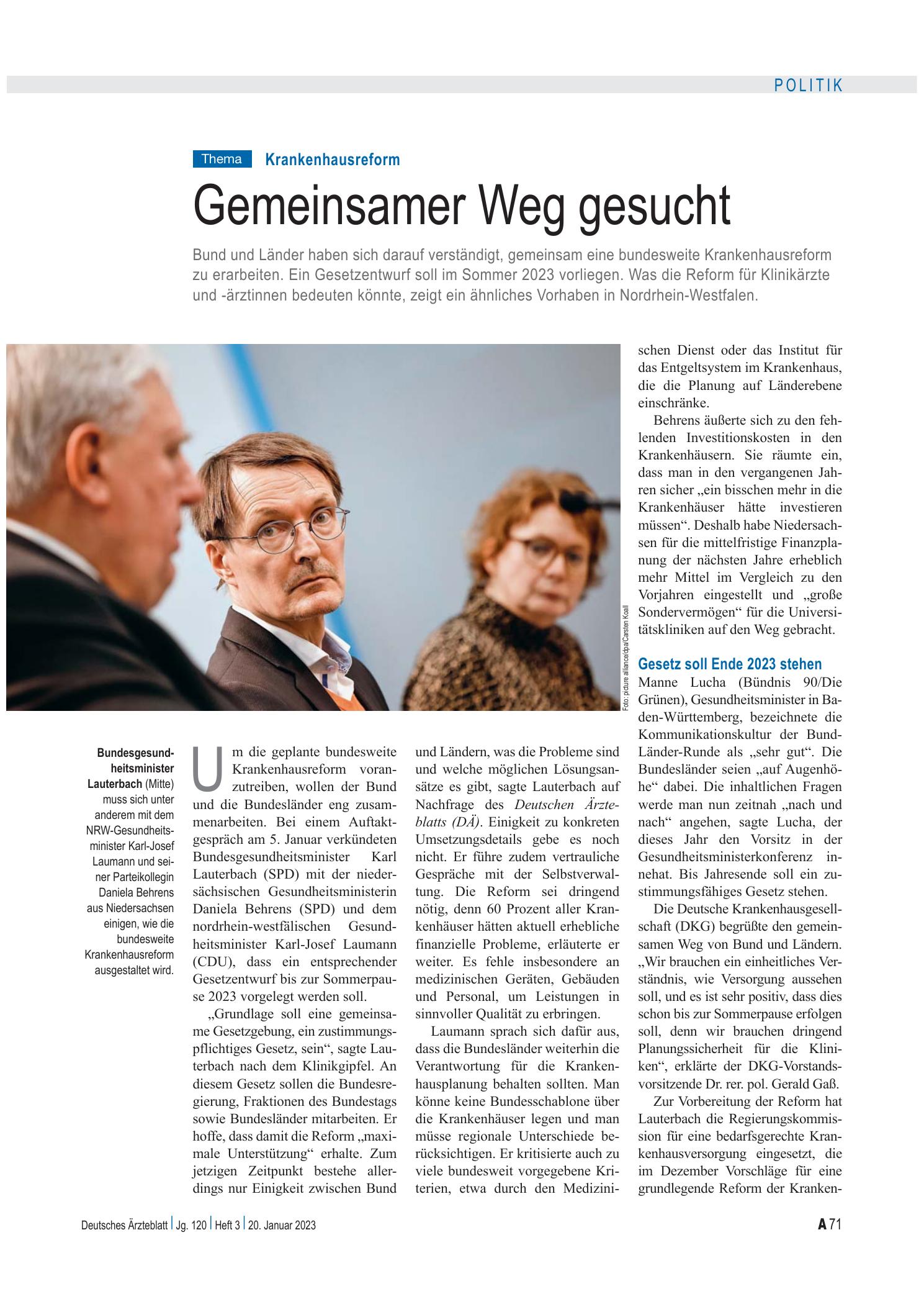 Vorschauseite 1: Krankenhausreform: Gemeinsamer Weg gesucht – Deutsches Ärzteblatt