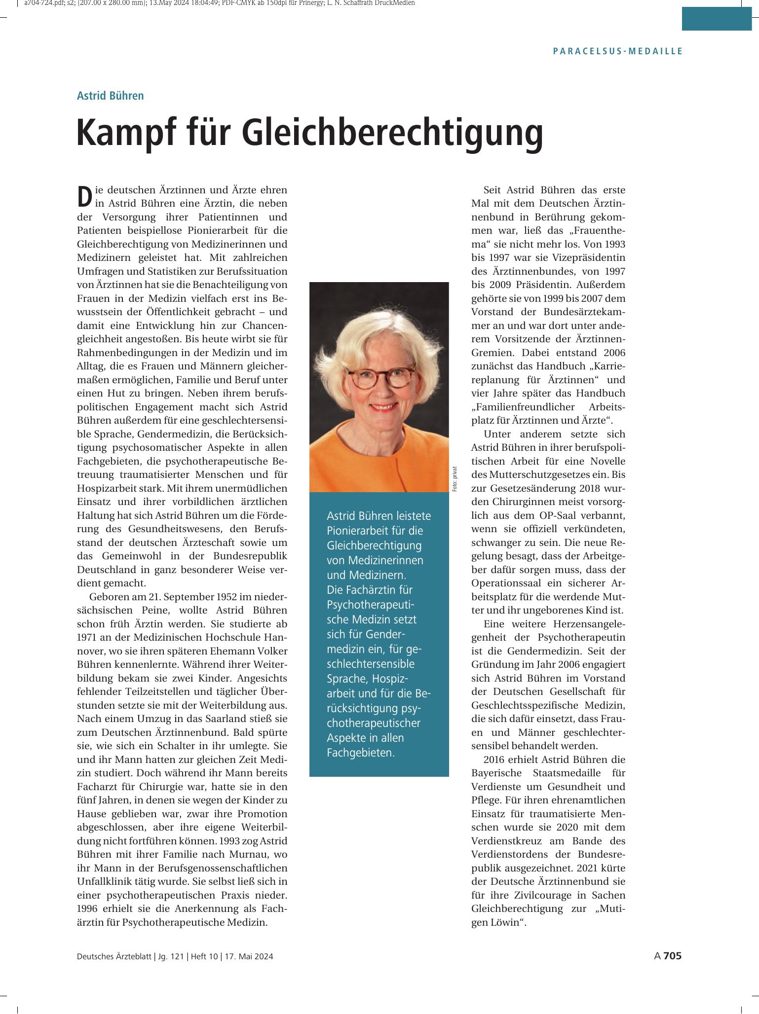 Vorschauseite 1: Astrid Bühren: Kampf für Gleichberechtigung – Deutsches Ärzteblatt