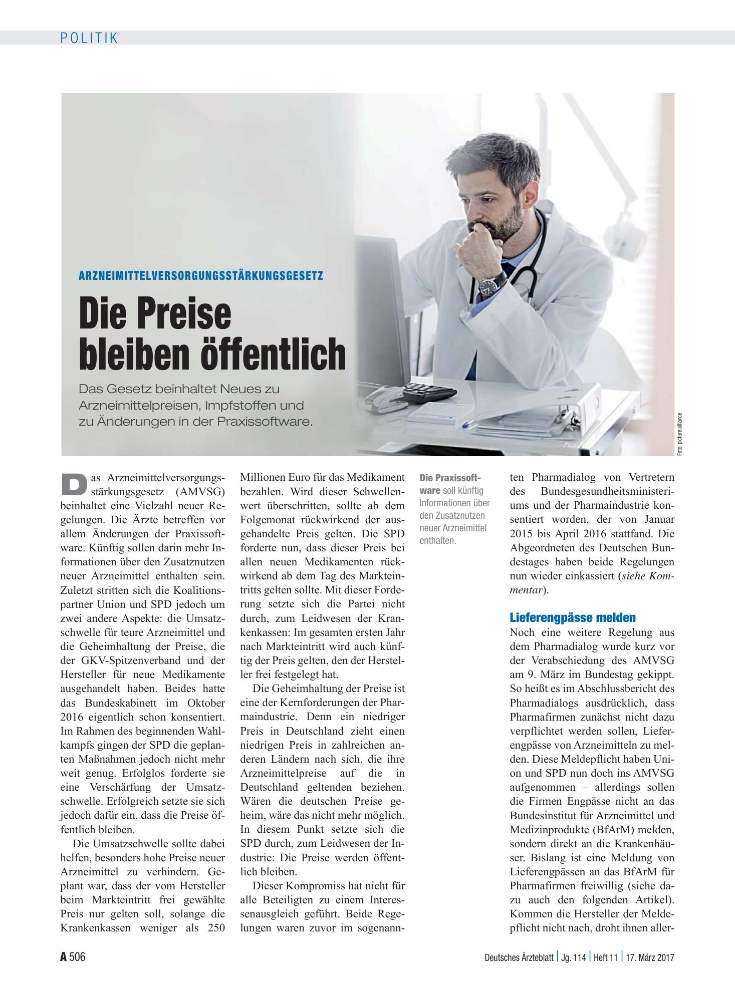 Vorschauseite 1: Arzneimittel­versorgungs­stärkungs­gesetz: Die Preise bleiben öffentlich – Deutsches Ärzteblatt