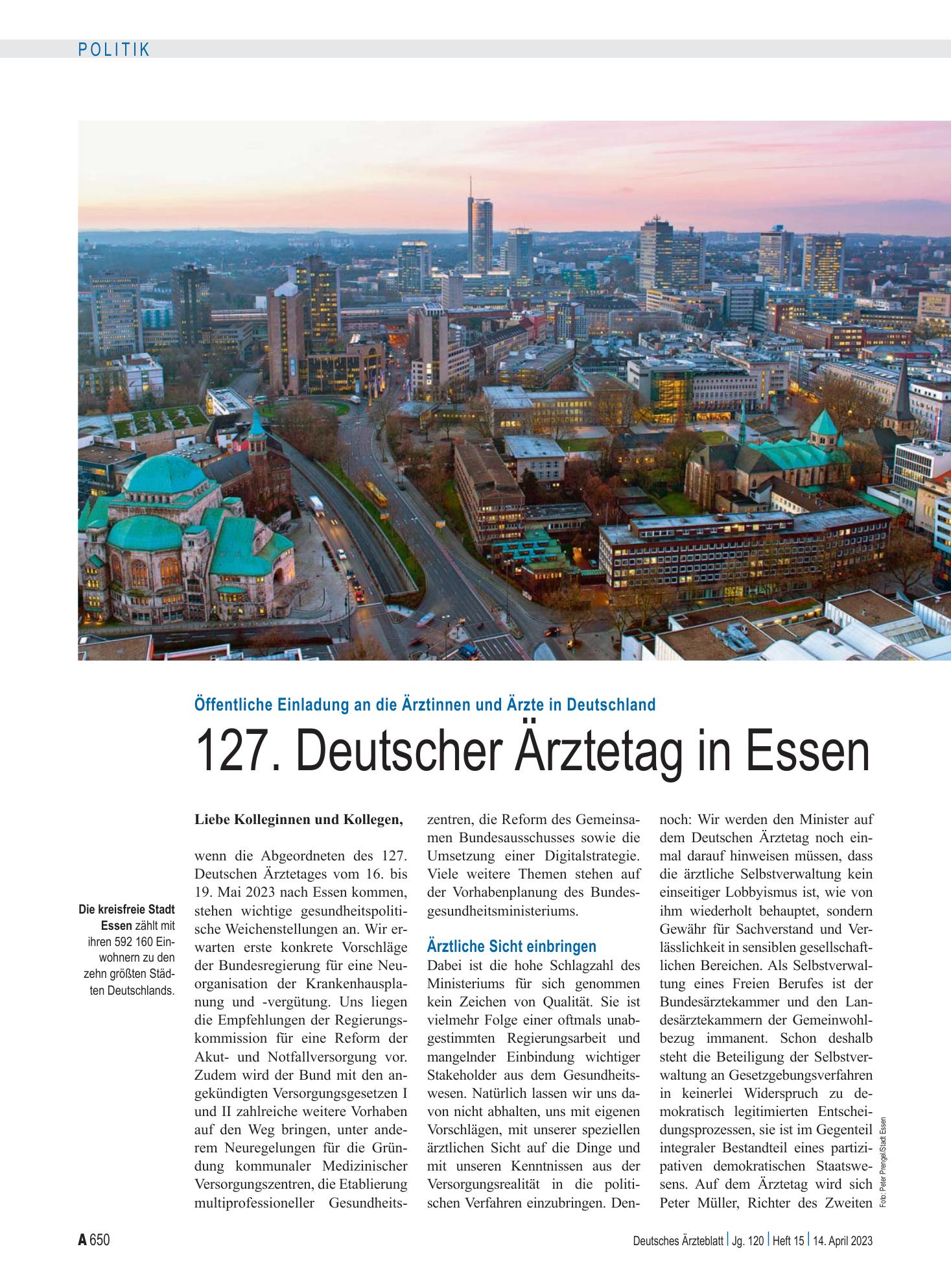 Vorschauseite 1: Öffentliche Einladung an die Ärztinnen und Ärzte in Deutschland: 127. Deutscher Ärztetag in Essen – Deutsches Ärzteblatt