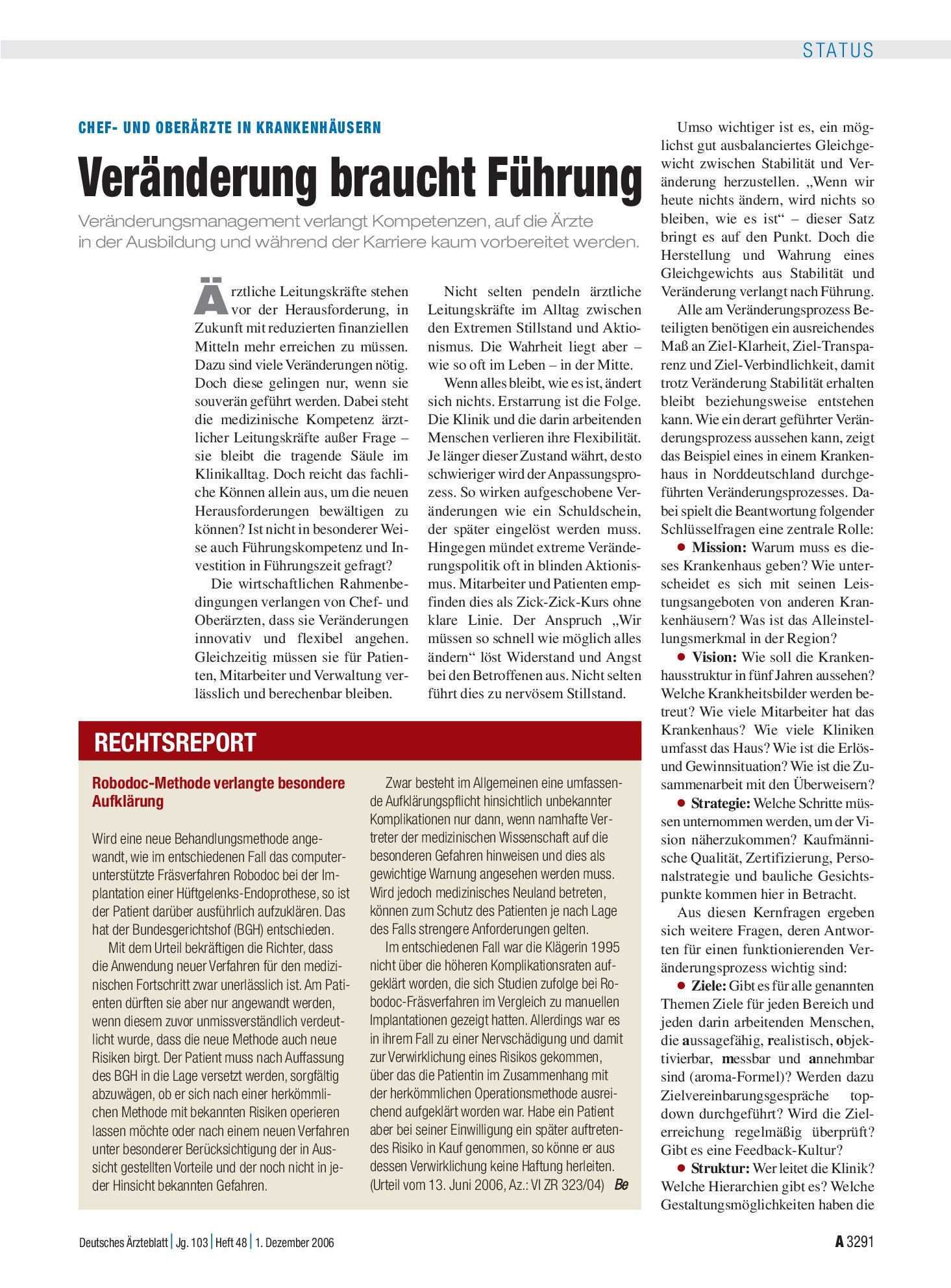 Vorschauseite 1: Robodoc-Methode verlangte besondere Aufklärung – Deutsches Ärzteblatt