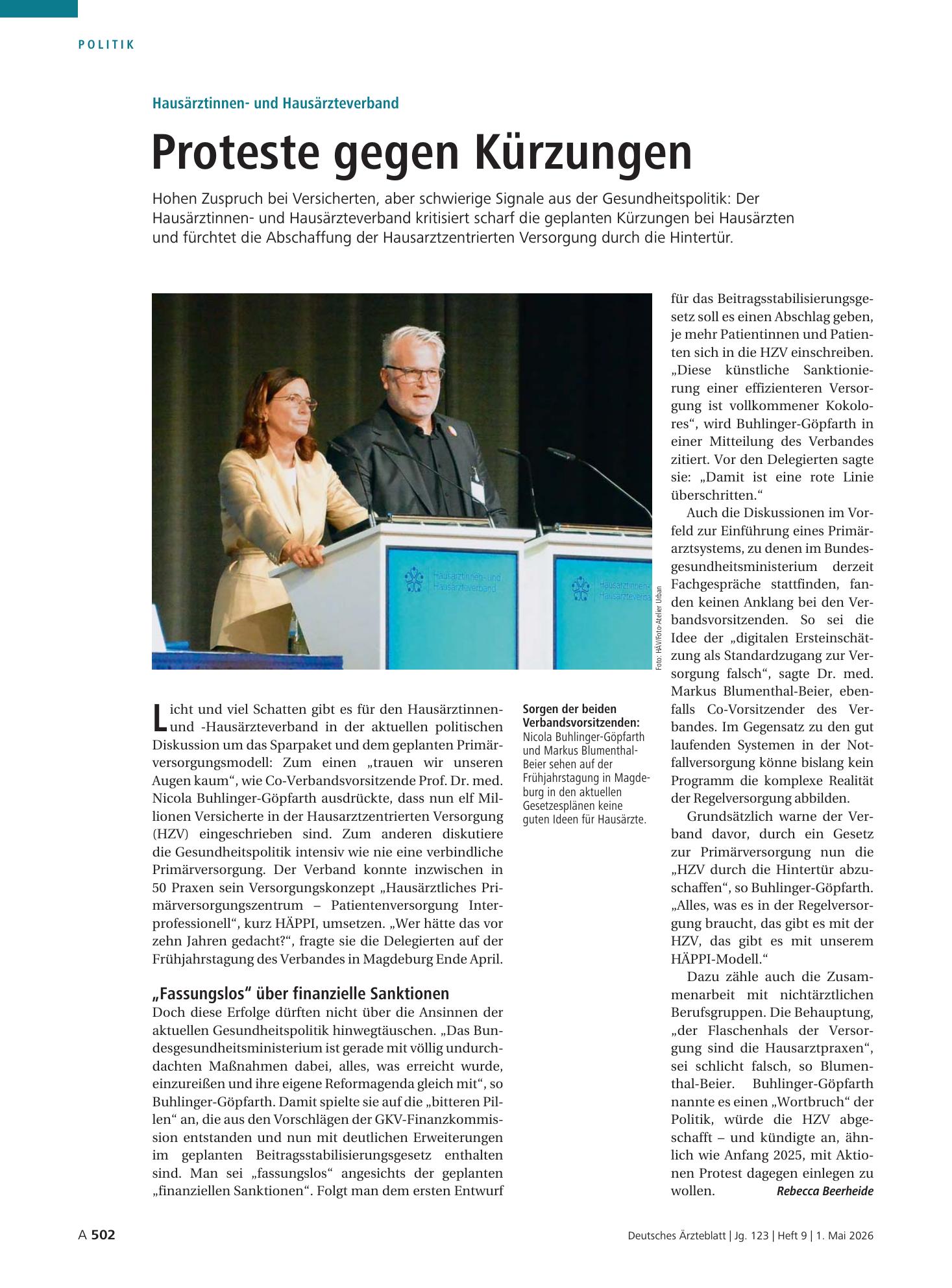 Vorschauseite 1: Hausärztinnen- und Hausärzteverband: Proteste gegen Kürzungen – Deutsches Ärzteblatt