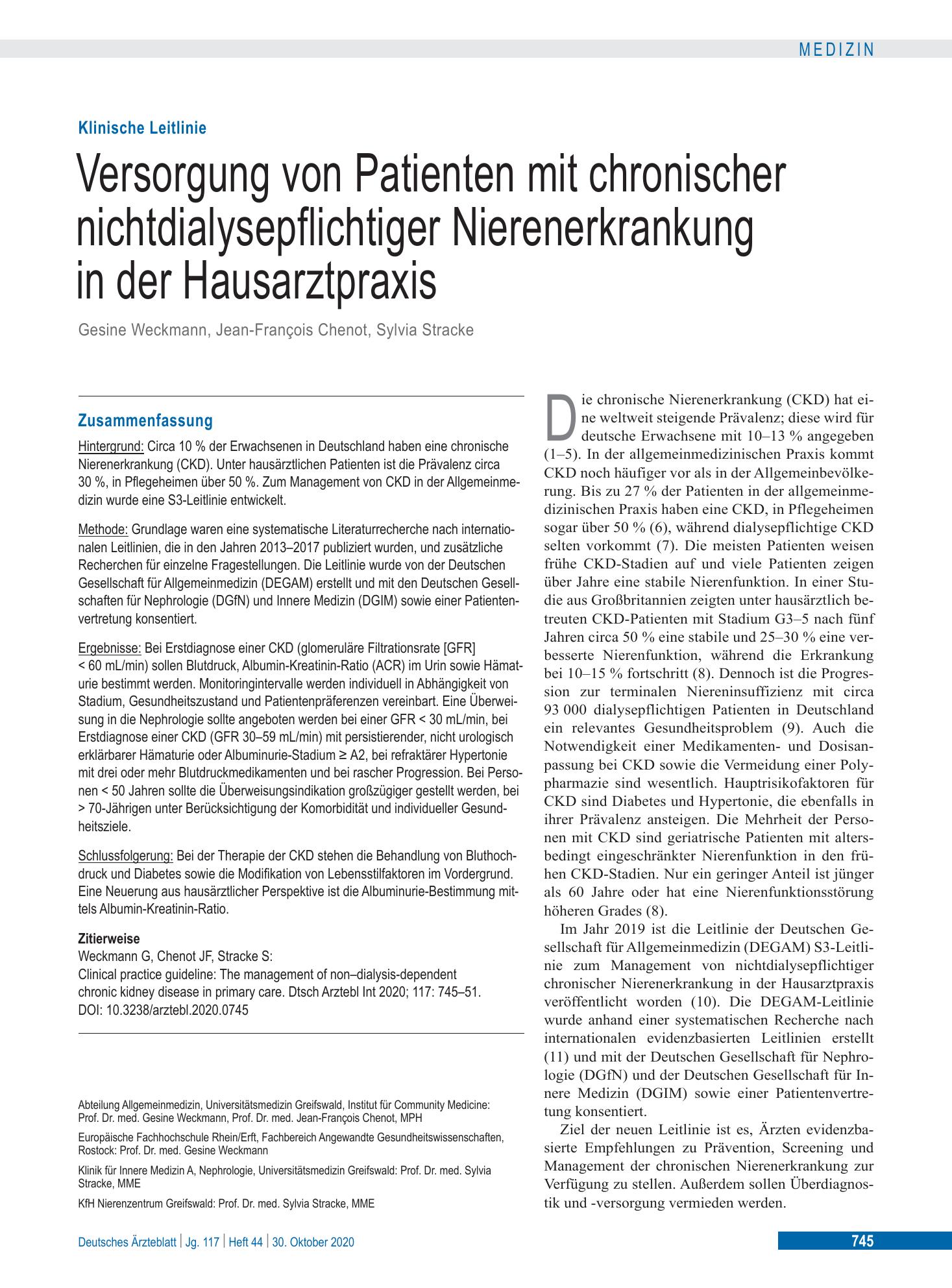 Vorschauseite 1: Versorgung von Patienten mit chronischer nichtdialysepflichtiger Nierenerkrankung in der Hausarztpraxis – Deutsches Ärzteblatt