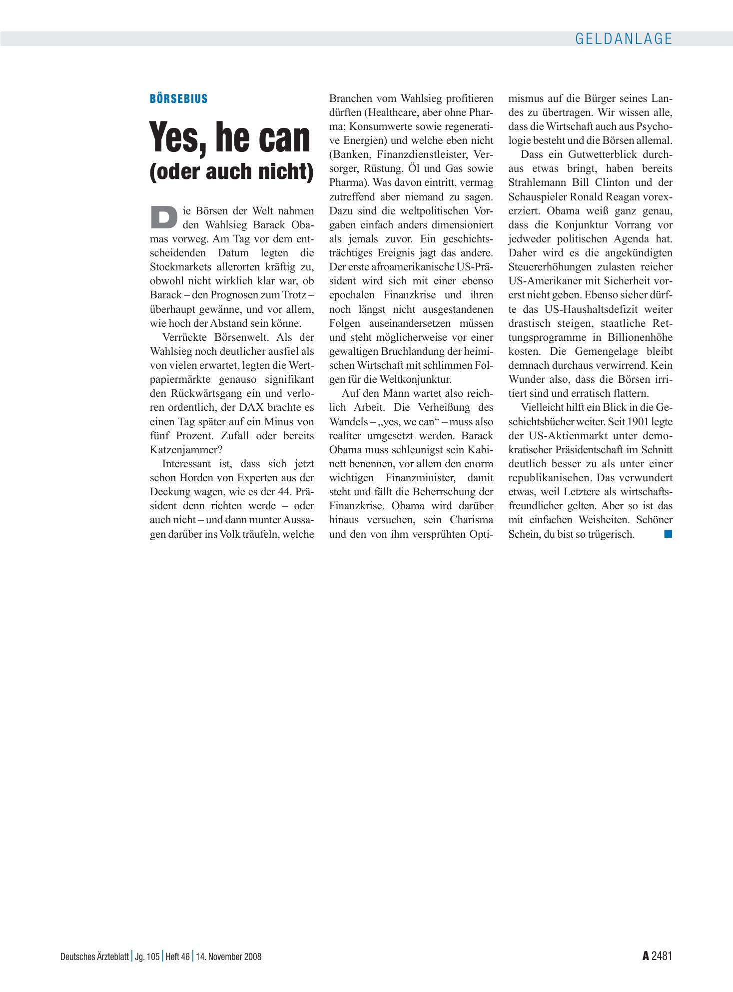 Vorschauseite 1: Börsebius: Yes, he can (oder auch nicht) – Deutsches Ärzteblatt
