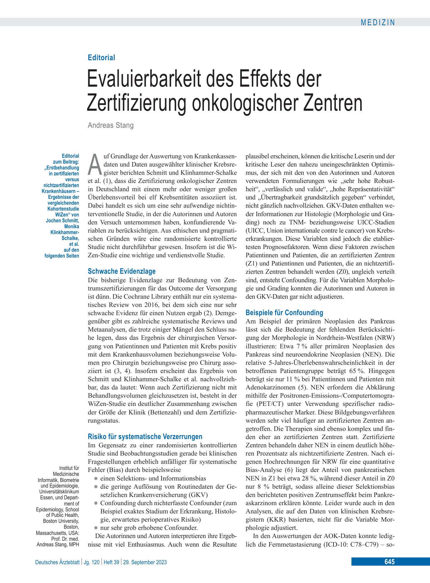 Vorschauseite 1: Krebserstbehandlung in zertifizierten versus nichtzertifizierten Krankenhäusern – Deutsches Ärzteblatt