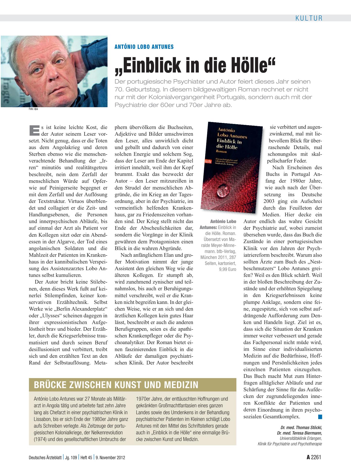 Vorschauseite 1: António Lobo Antunes: „Einblick in die Hölle“ – Deutsches Ärzteblatt