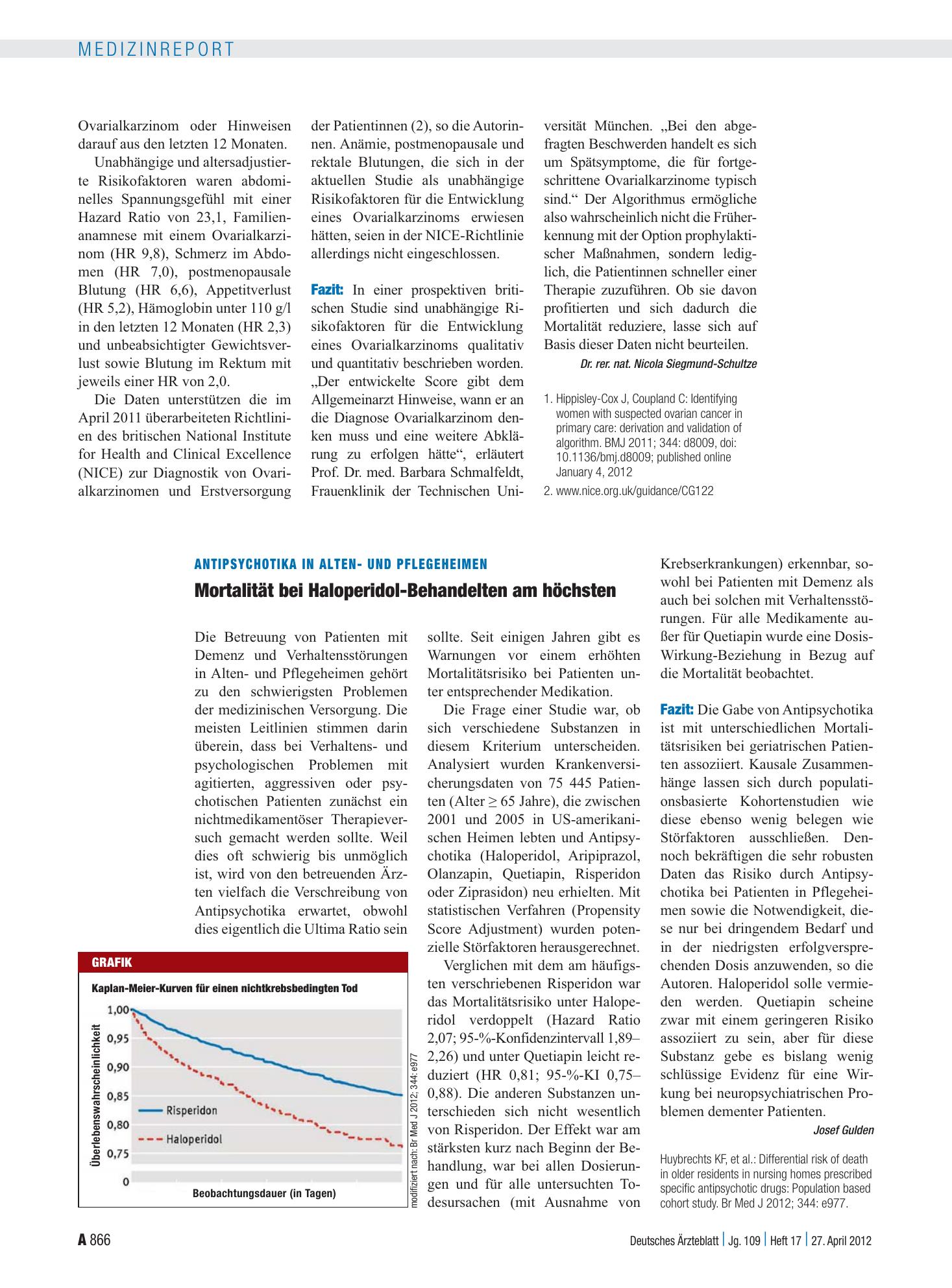 Vorschauseite 1: Antipsychotika in Alten- und Pflegeheimen: Mortalität bei Haloperidol-Behandelten am höchsten – Deutsches Ärzteblatt