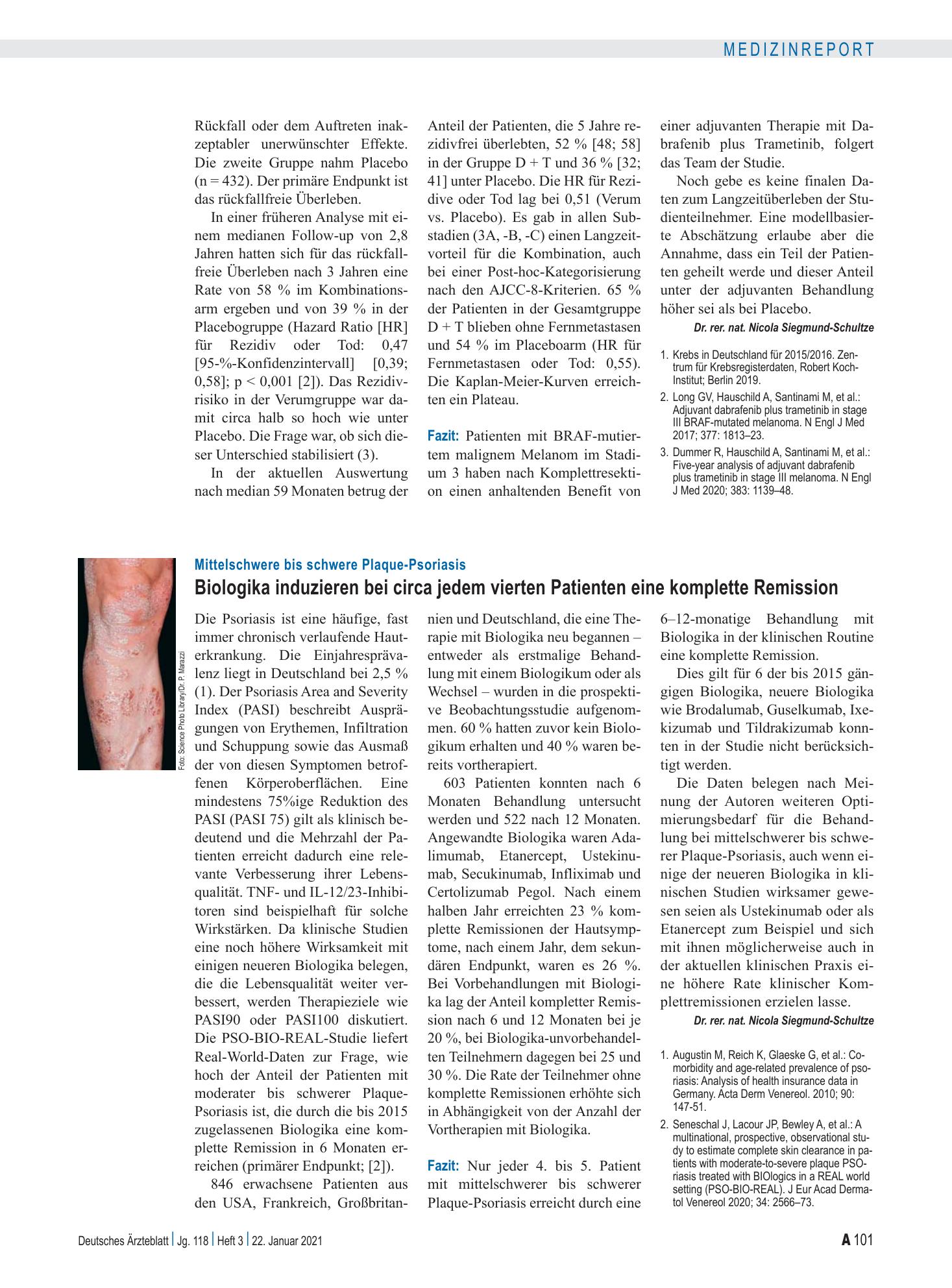 Vorschauseite 1: Mittelschwere bis schwere Plaque-Psoriasis: Biologika induzieren bei circa jedem vierten Patienten eine komplette Remission – Deutsches Ärzteblatt