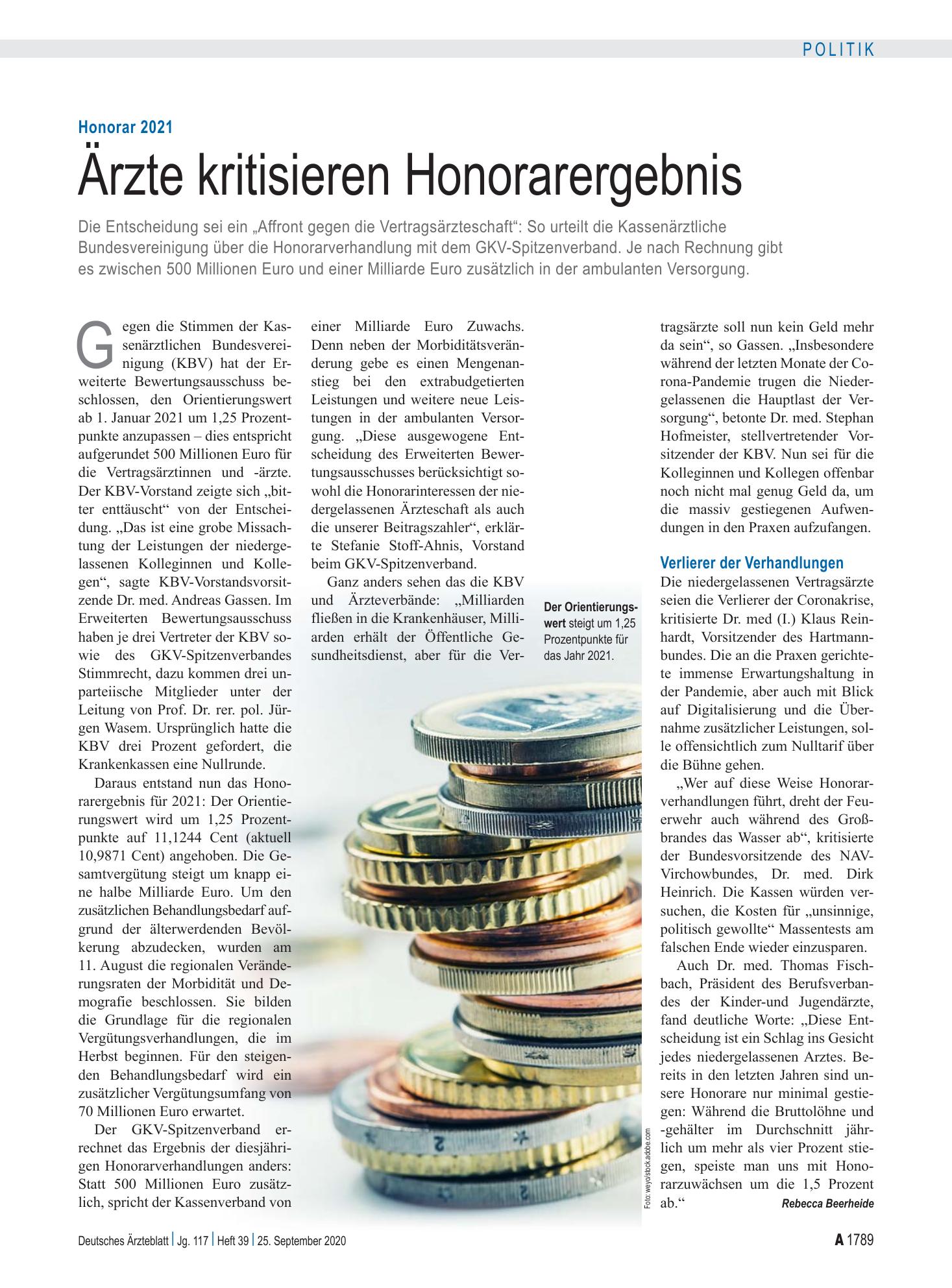 Vorschauseite 1: Honorar 2021: Ärzte kritisieren Honorarergebnis – Deutsches Ärzteblatt