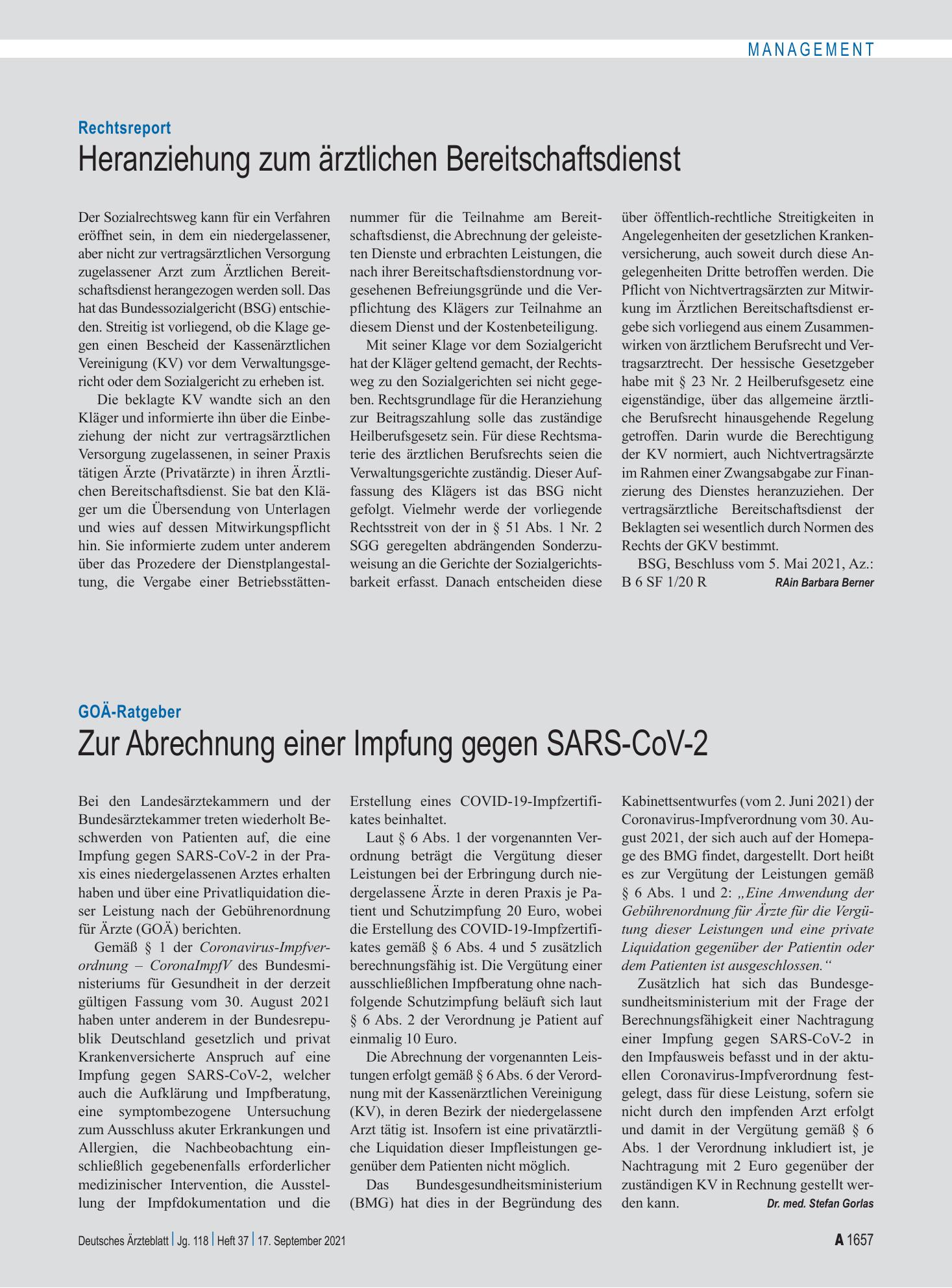 Vorschauseite 1: GOÄ-Ratgeber: Zur Abrechnung einer Impfung gegen SARS-CoV-2 – Deutsches Ärzteblatt