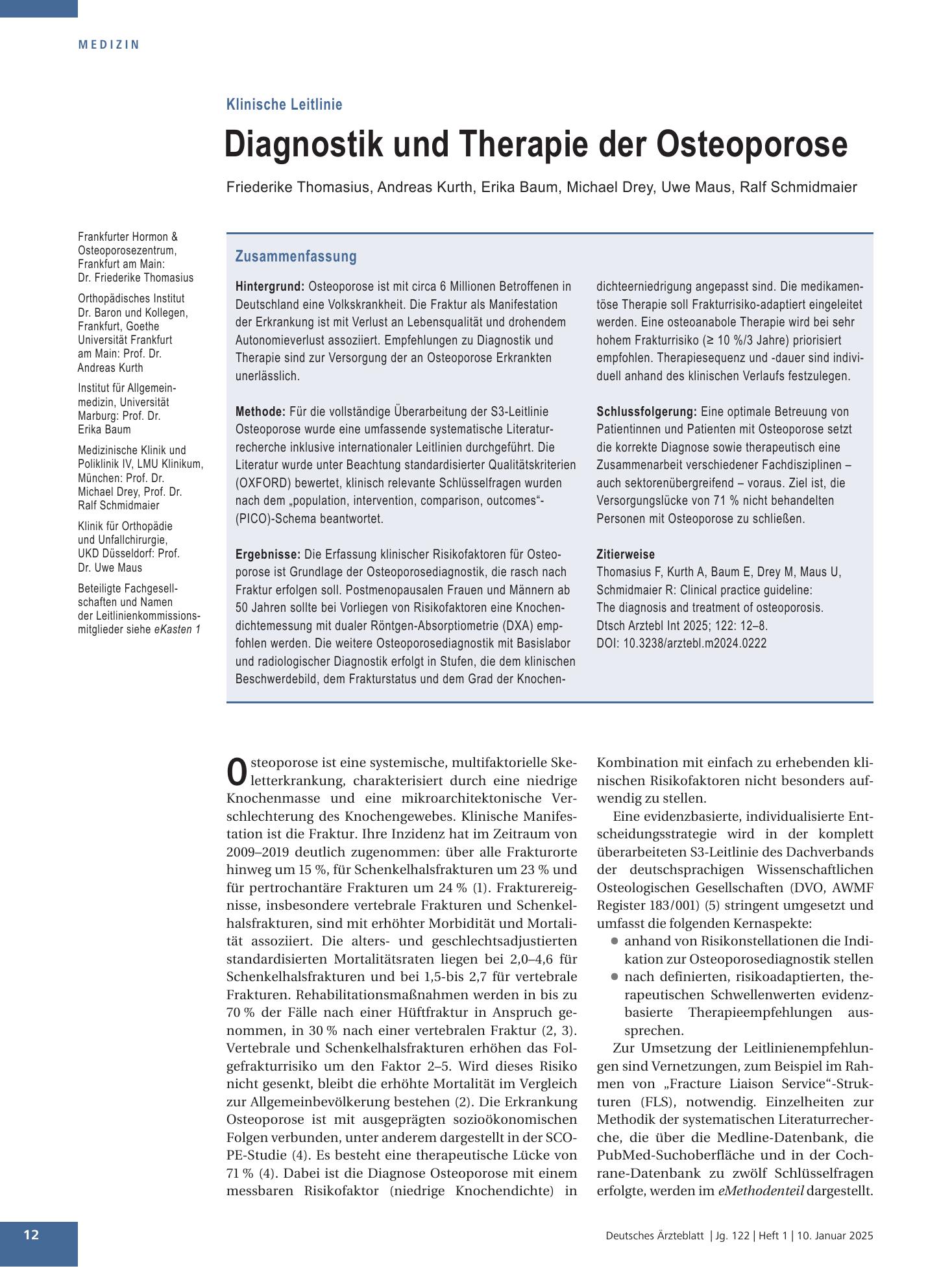 Vorschauseite 1: Diagnostik und Therapie der Osteoporose – Deutsches Ärzteblatt