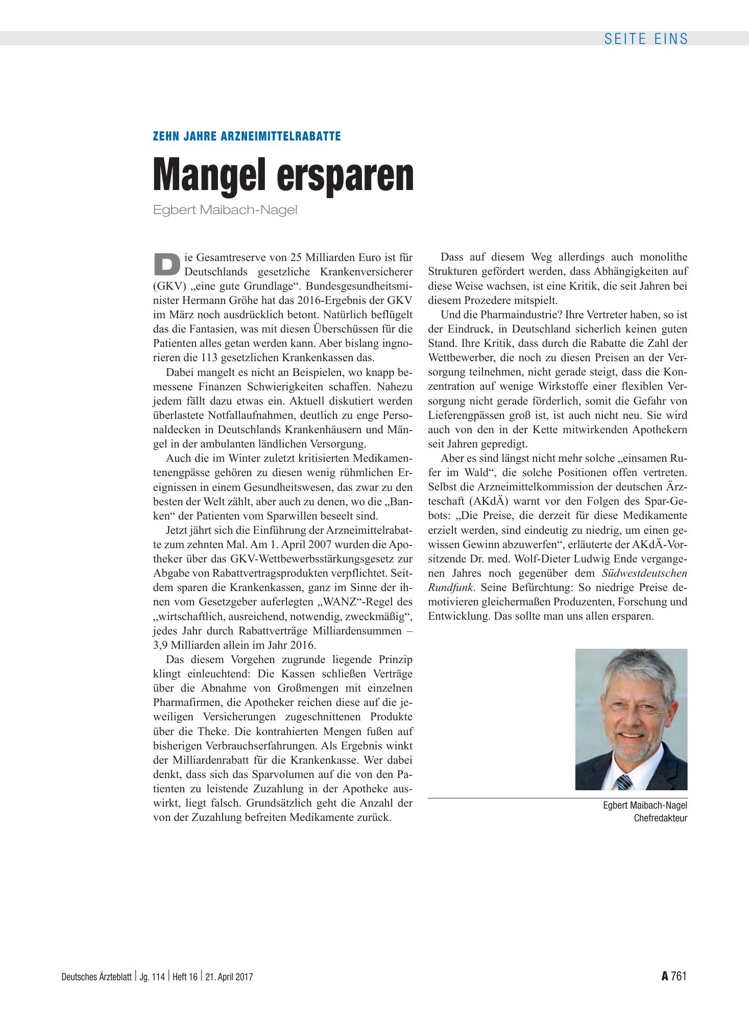 Vorschauseite 1: Zehn Jahre Arzneimittelrabatte: Mangel ersparen – Deutsches Ärzteblatt