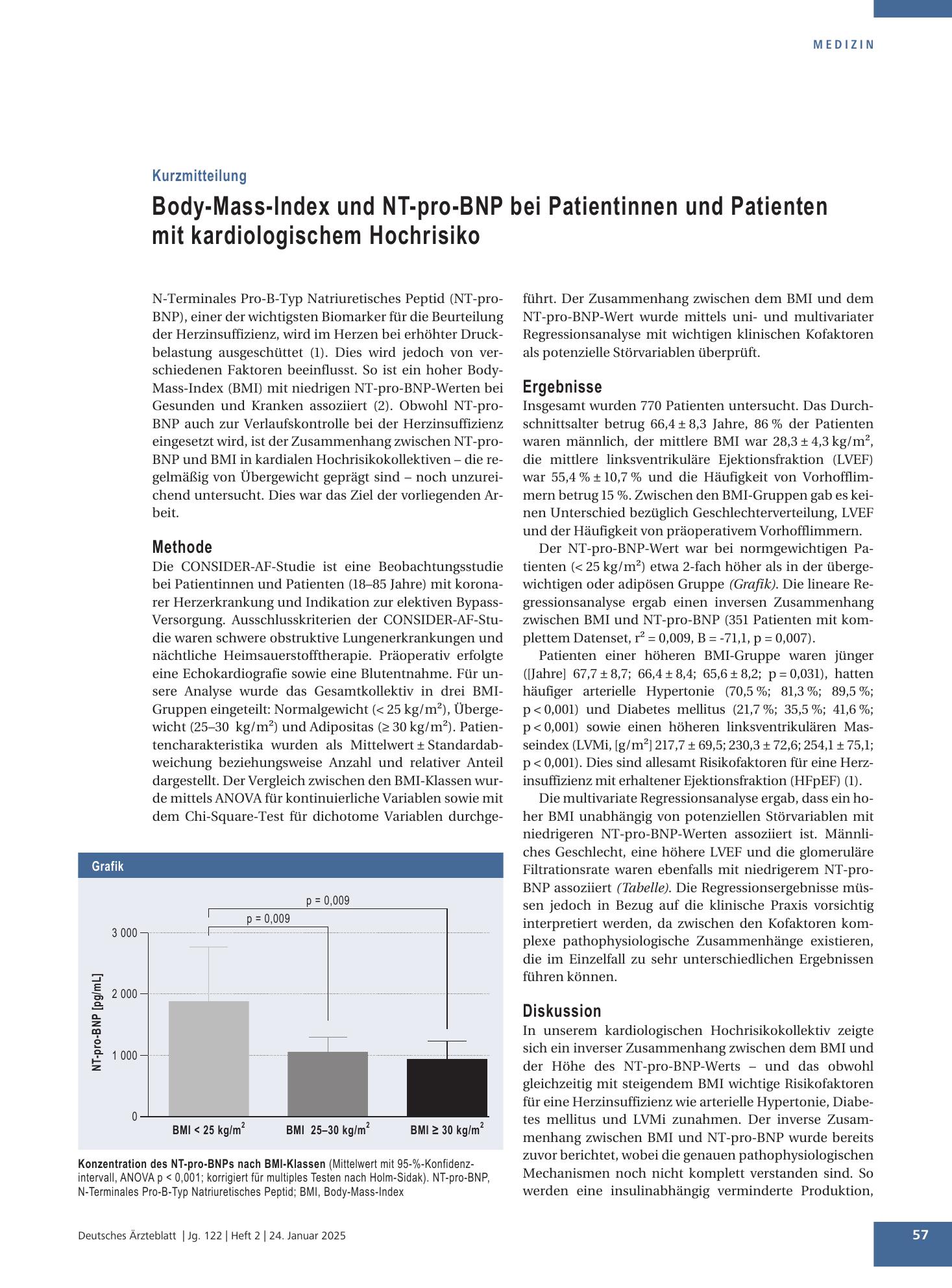 Vorschauseite 1: Body-Mass-Index und NT-pro-BNP bei Patientinnen und Patienten mit kardiologischem Hochrisiko – Deutsches Ärzteblatt