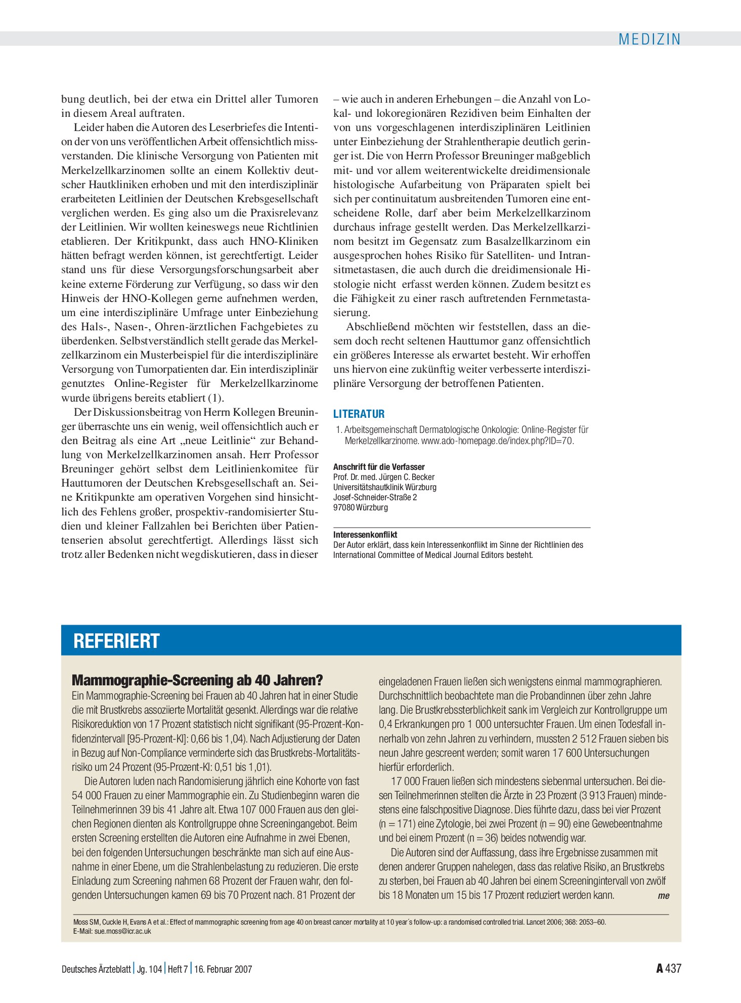 Vorschauseite 1: Mammographie-Screening ab 40 Jahren? – Deutsches Ärzteblatt