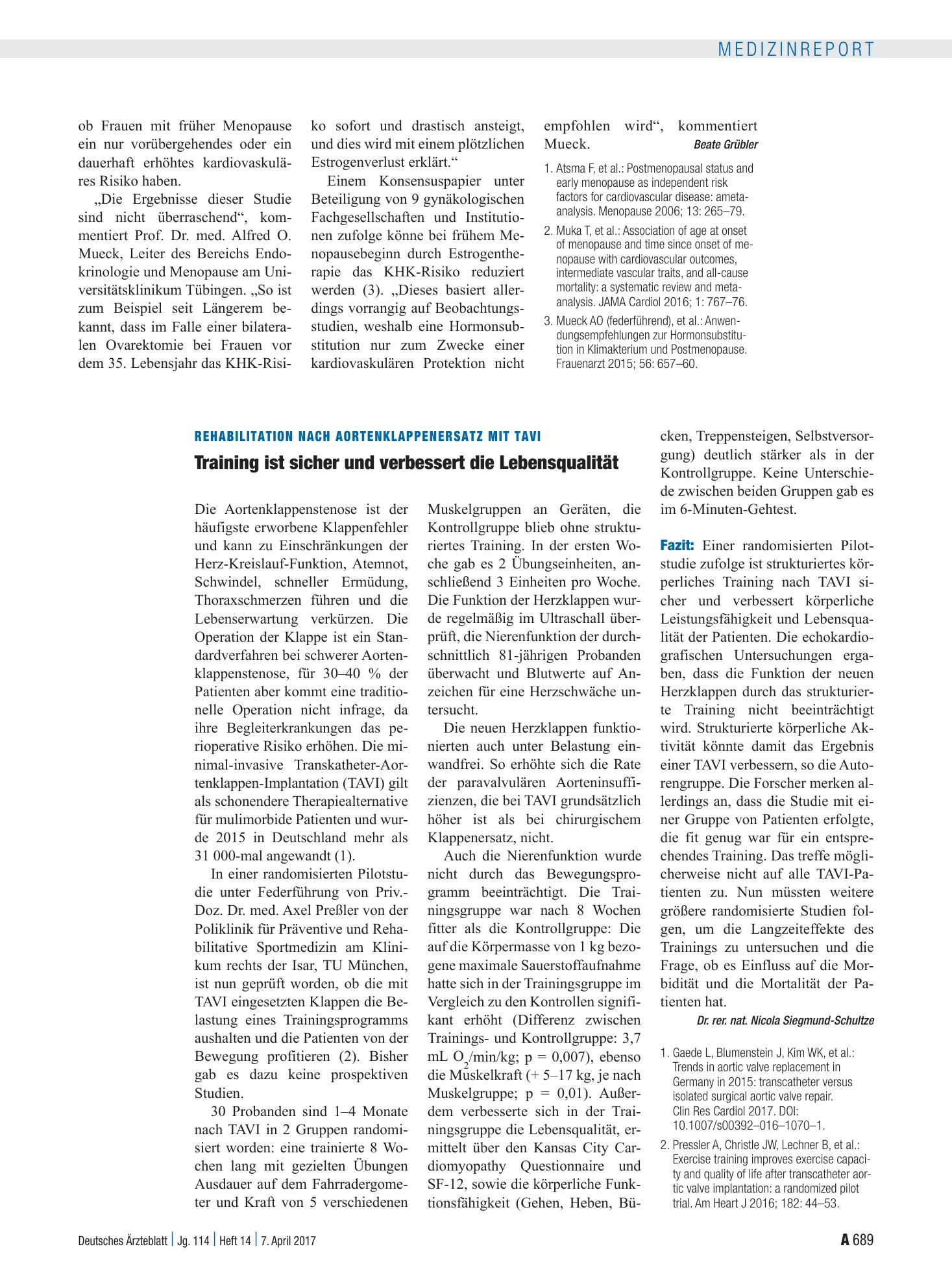 Vorschauseite 1: Rehabilitation nach Aortenklappenersatz mit TAVI: Training ist sicher und verbessert die Lebensqualität – Deutsches Ärzteblatt