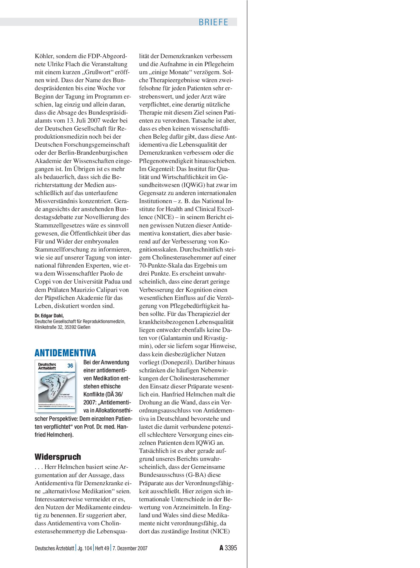 Vorschauseite 1: Antidementiva: Widerspruch – Deutsches Ärzteblatt