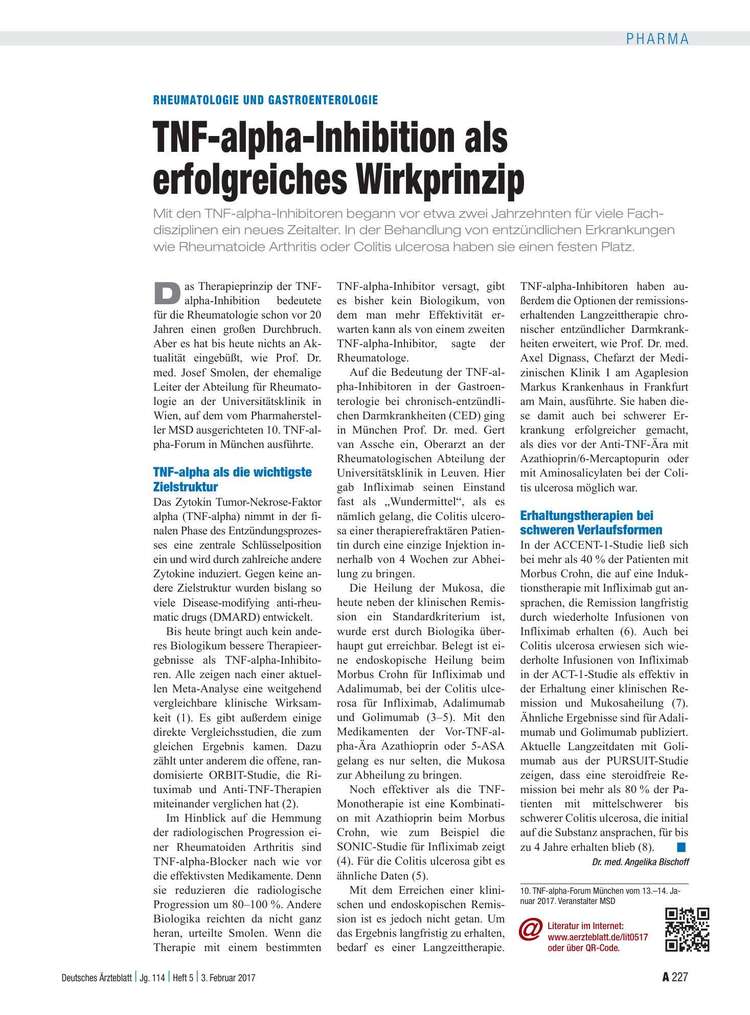 Vorschauseite 1: Rheumatologie und Gastroenterologie: TNF-alpha-Inhibition als erfolgreiches Wirkprinzip – Deutsches Ärzteblatt