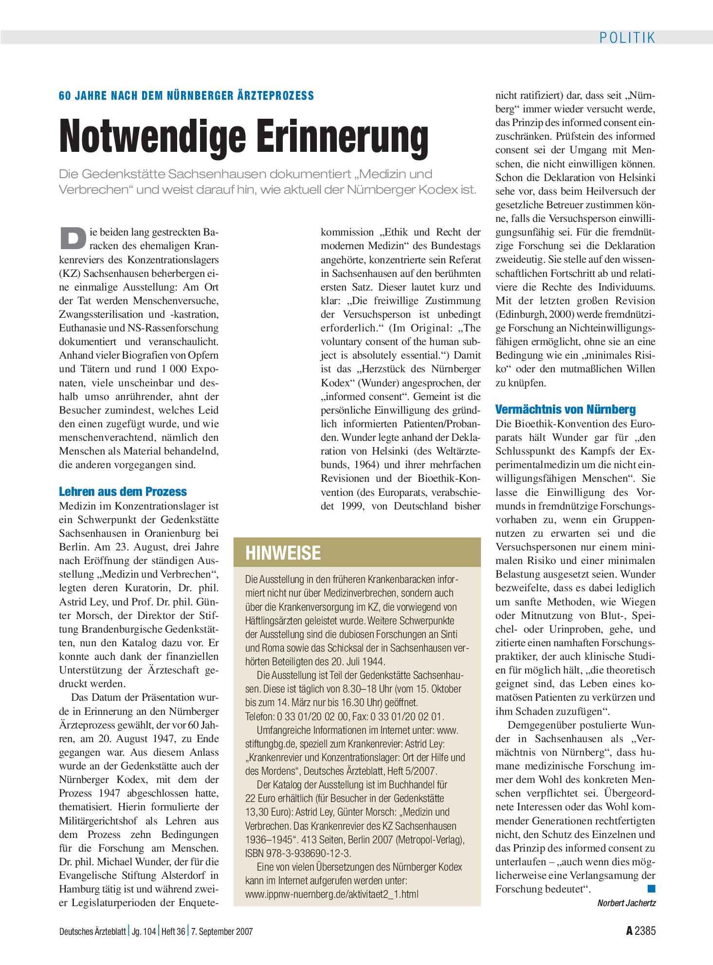 Vorschauseite 1: 60 Jahre nach dem Nürnberger ÄrzteProzess: Notwendige Erinnerung – Deutsches Ärzteblatt