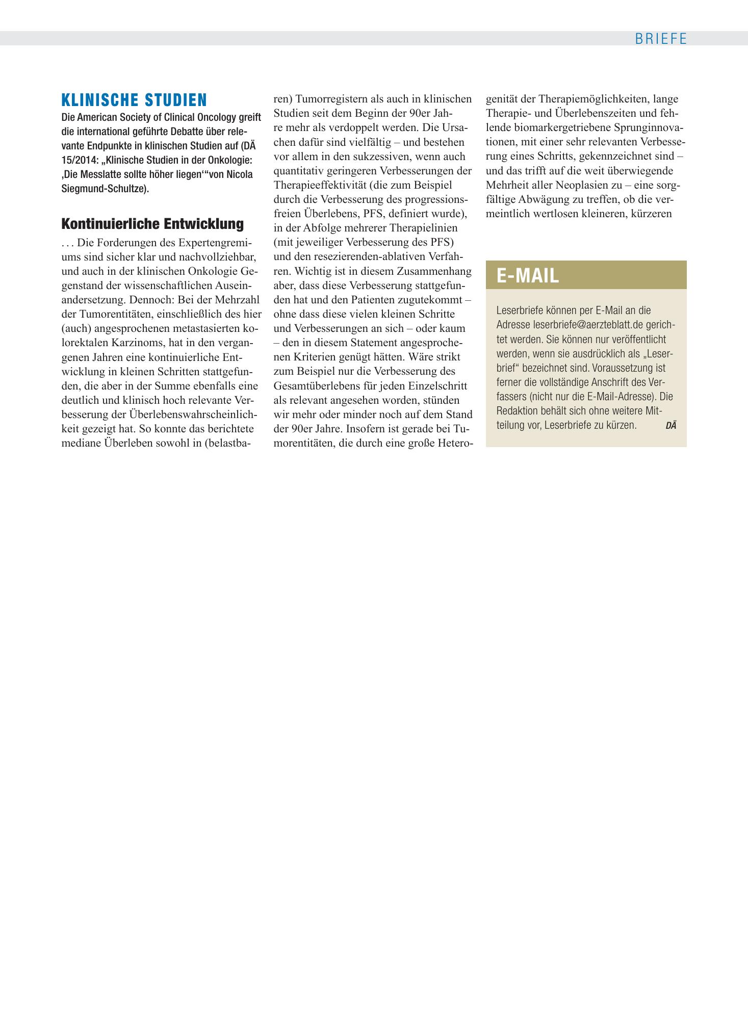 Vorschauseite 1: Klinische Studien: Kontinuierliche Entwicklung – Deutsches Ärzteblatt