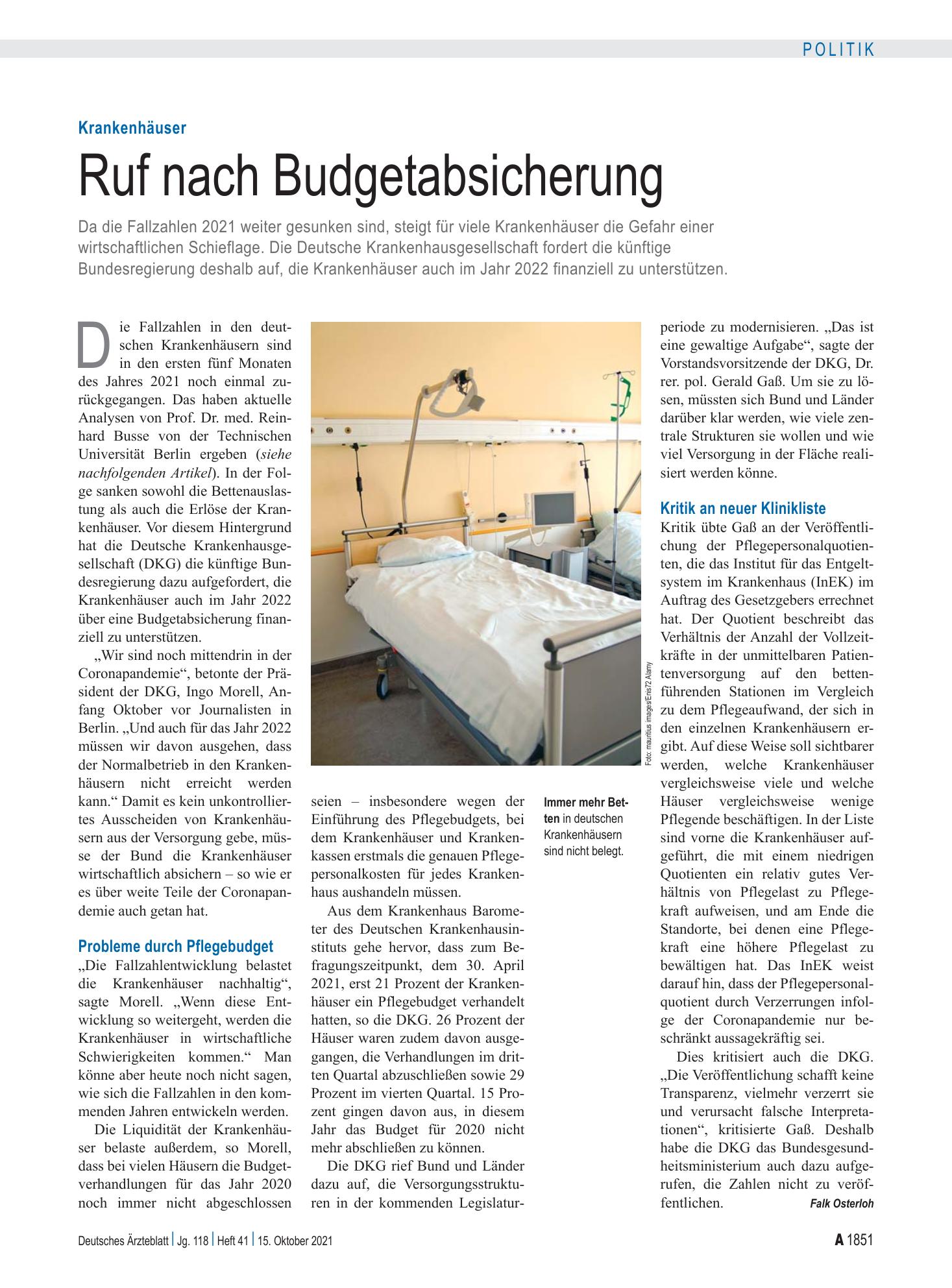 Vorschauseite 1: Krankenhäuser: Ruf nach Budgetabsicherung – Deutsches Ärzteblatt