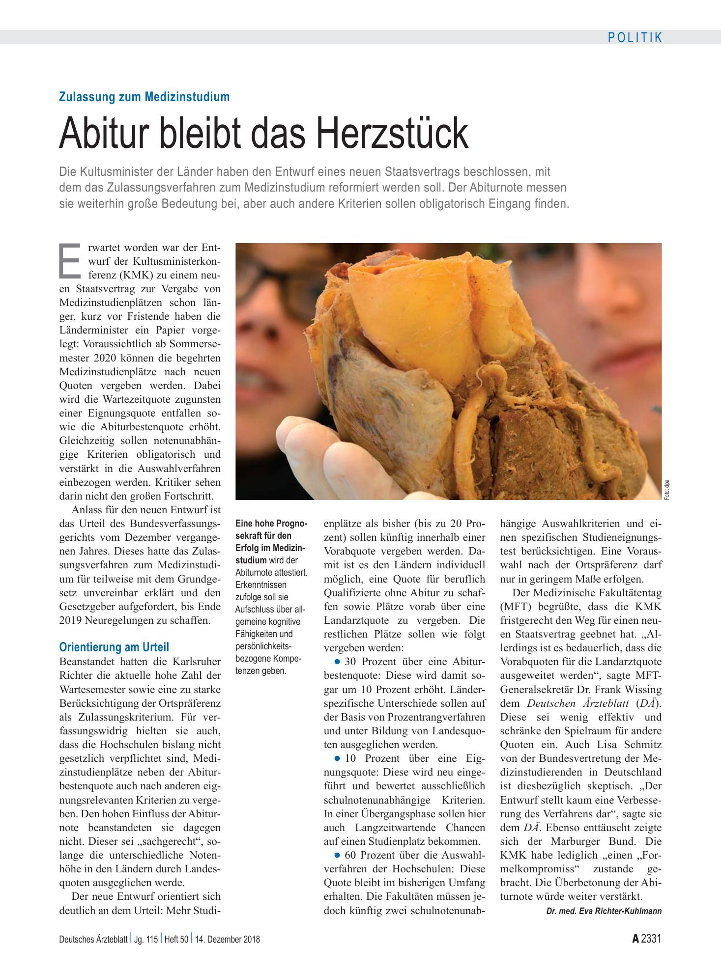 Vorschauseite 1: Zulassung zum Medizinstudium: Abitur bleibt das Herzstück – Deutsches Ärzteblatt