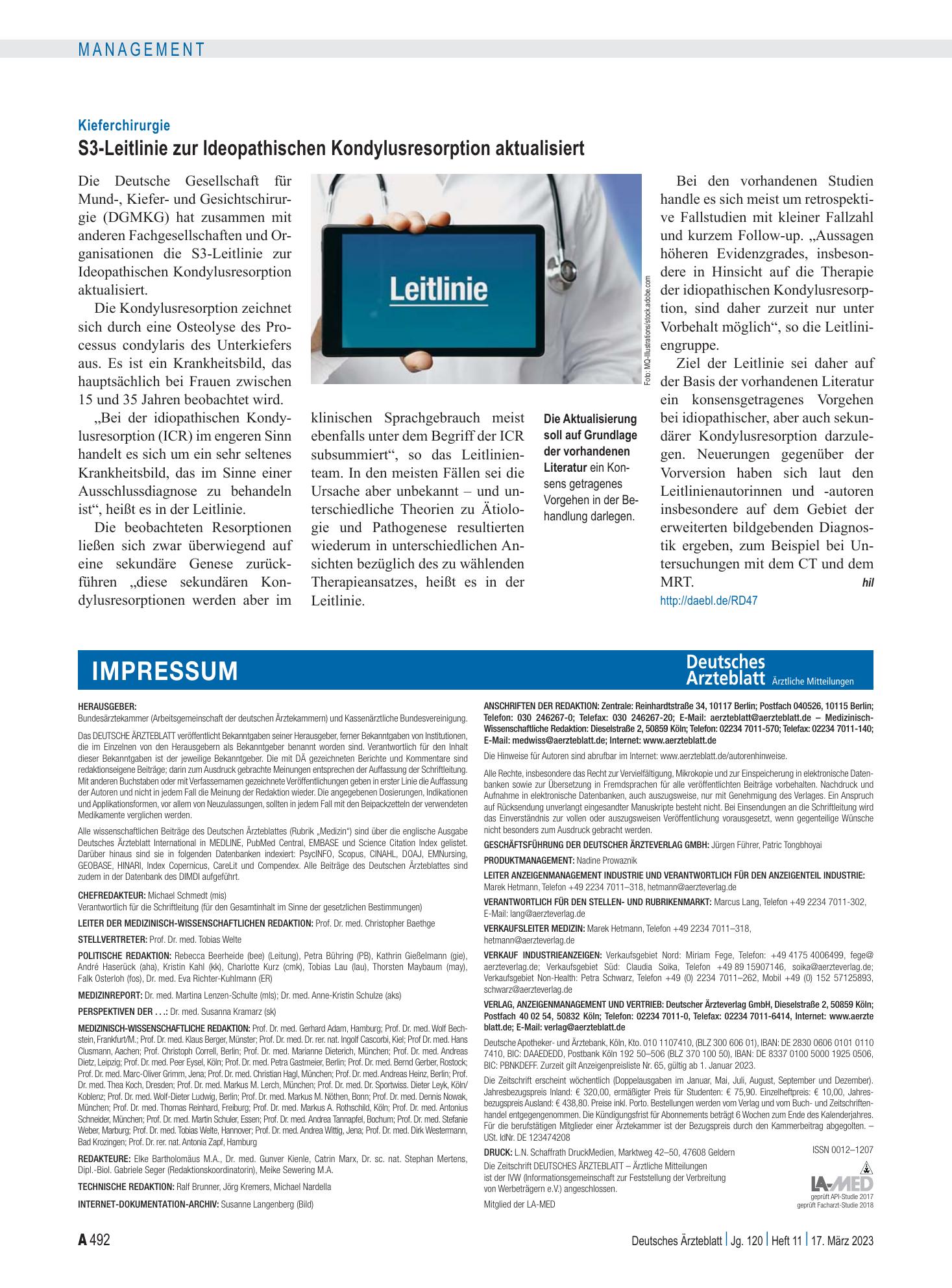 Vorschauseite 1: Kieferchirurgie: S3-Leitlinie zur Ideopathischen Kondylusresorption aktualisiert – Deutsches Ärzteblatt