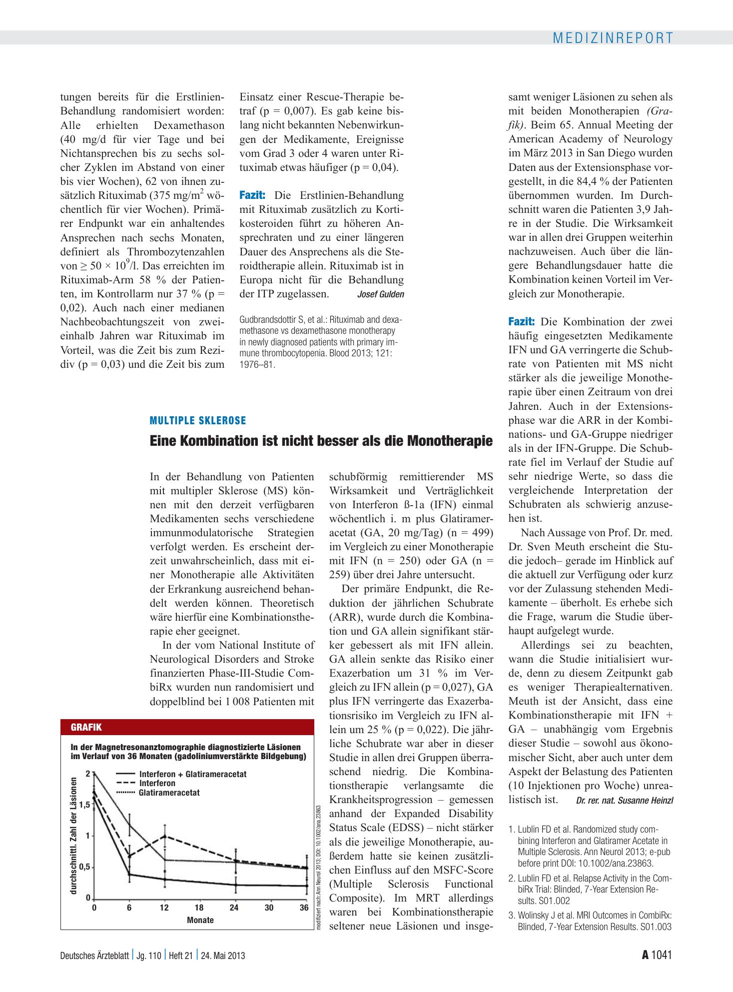 Vorschauseite 1: Multiple Sklerose: Eine Kombination ist nicht besser als die Monotherapie – Deutsches Ärzteblatt