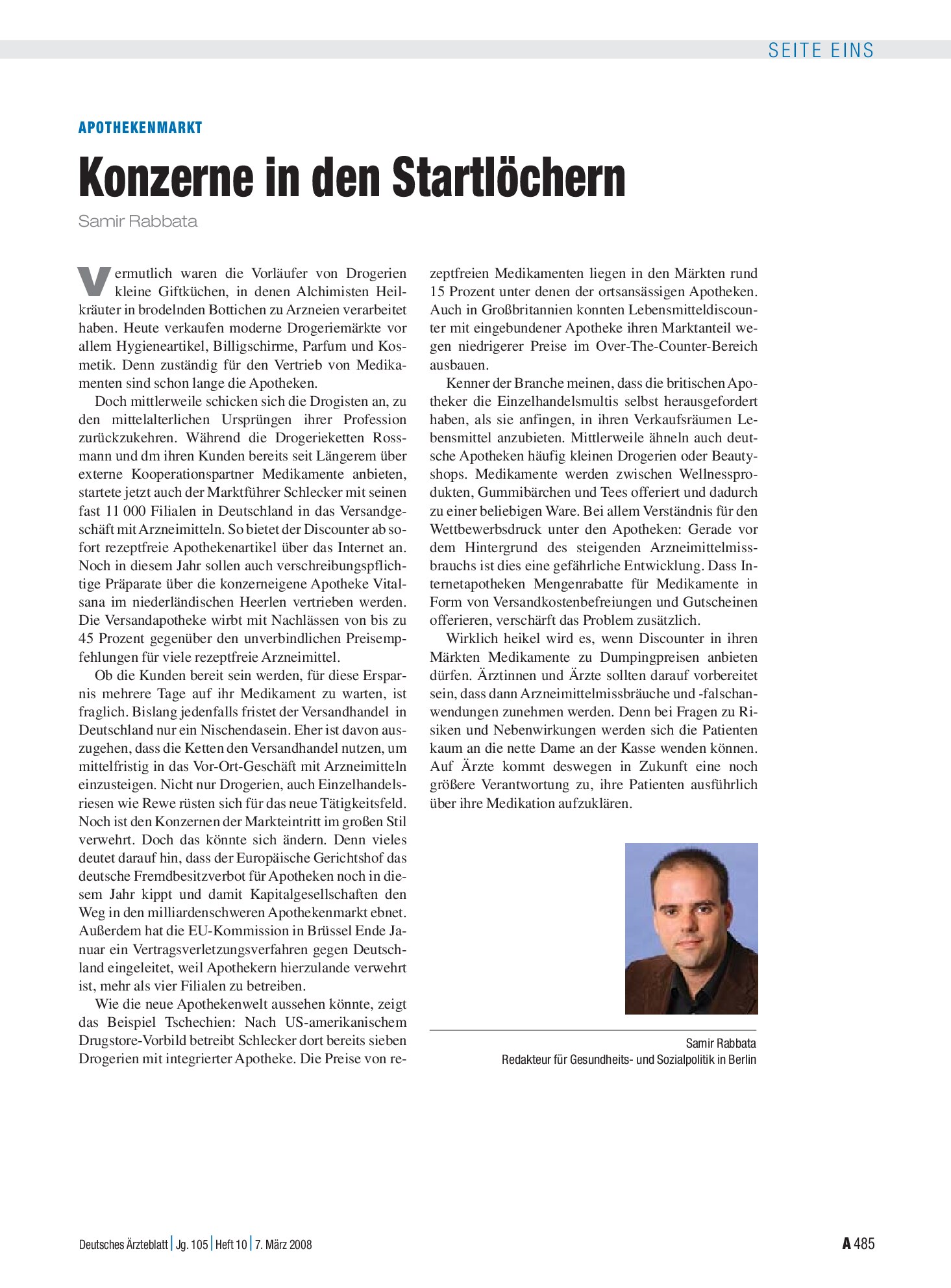 Vorschauseite 1: Apothekenmarkt: Konzerne in den Startlöchern – Deutsches Ärzteblatt