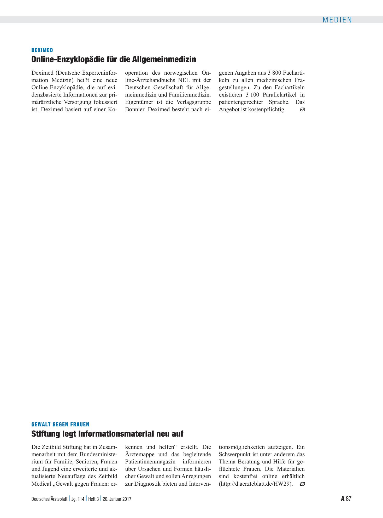 Vorschauseite 1: Deximed: Online-Enzyklopädie für die Allgemeinmedizin – Deutsches Ärzteblatt