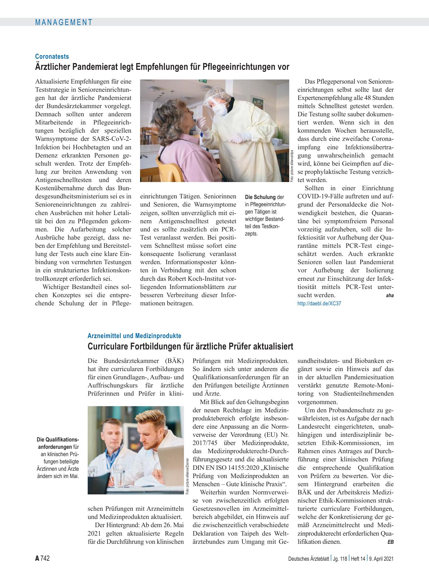 Vorschauseite 1: Coronatests: Ärztlicher Pandemierat legt Empfehlungen für Pflegeeinrichtungen vor – Deutsches Ärzteblatt