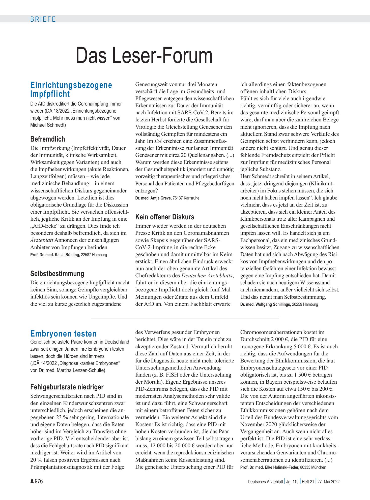 Vorschauseite 1: Einrichtungsbezogene Impfpflicht: Befremdlich – Deutsches Ärzteblatt