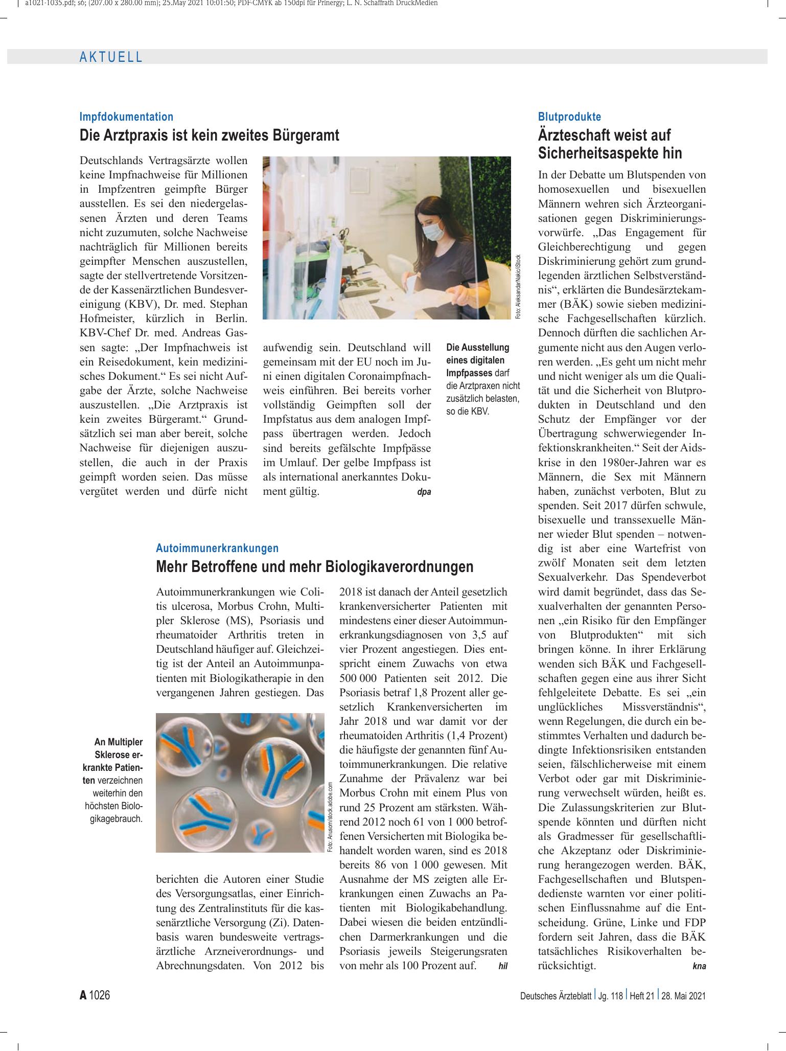 Vorschauseite 1: Blutprodukte: Ärzteschaft weist auf Sicherheitsaspekte hin – Deutsches Ärzteblatt