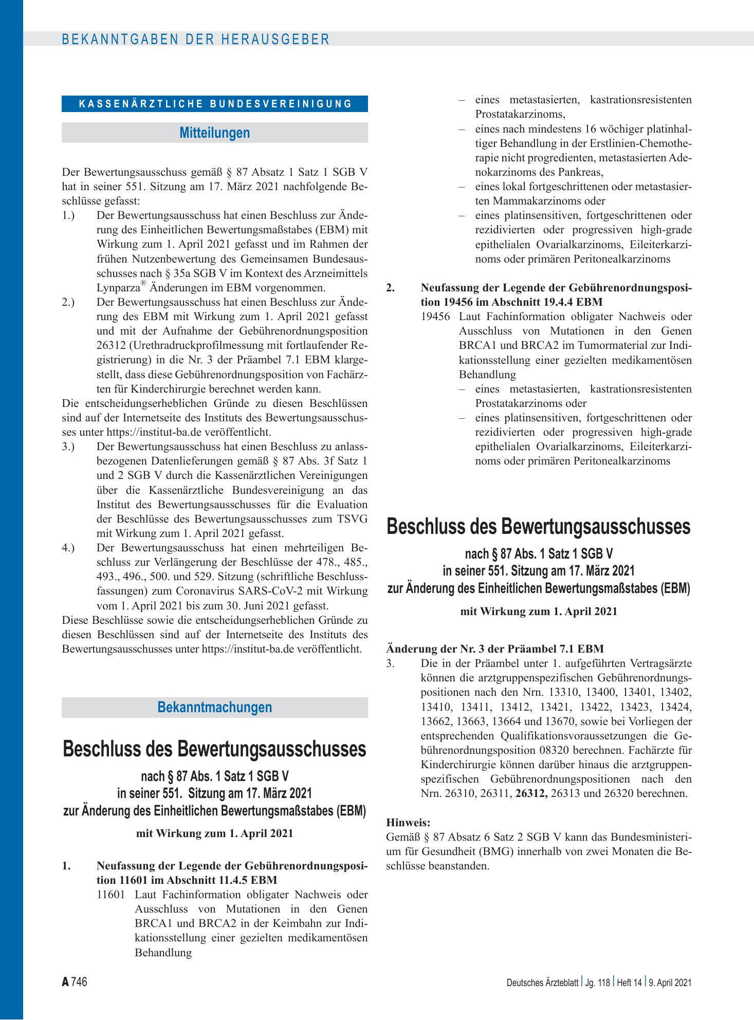 Vorschauseite 1: Beschluss des Bewertungsausschusses nach § 87 Abs. 1 Satz 1 SGB V in seiner 551. Sitzung am 17. März 2021 zur Änderung des Einheitlichen Bewertungsmaßstabes (EBM) Beschluss des Be…
