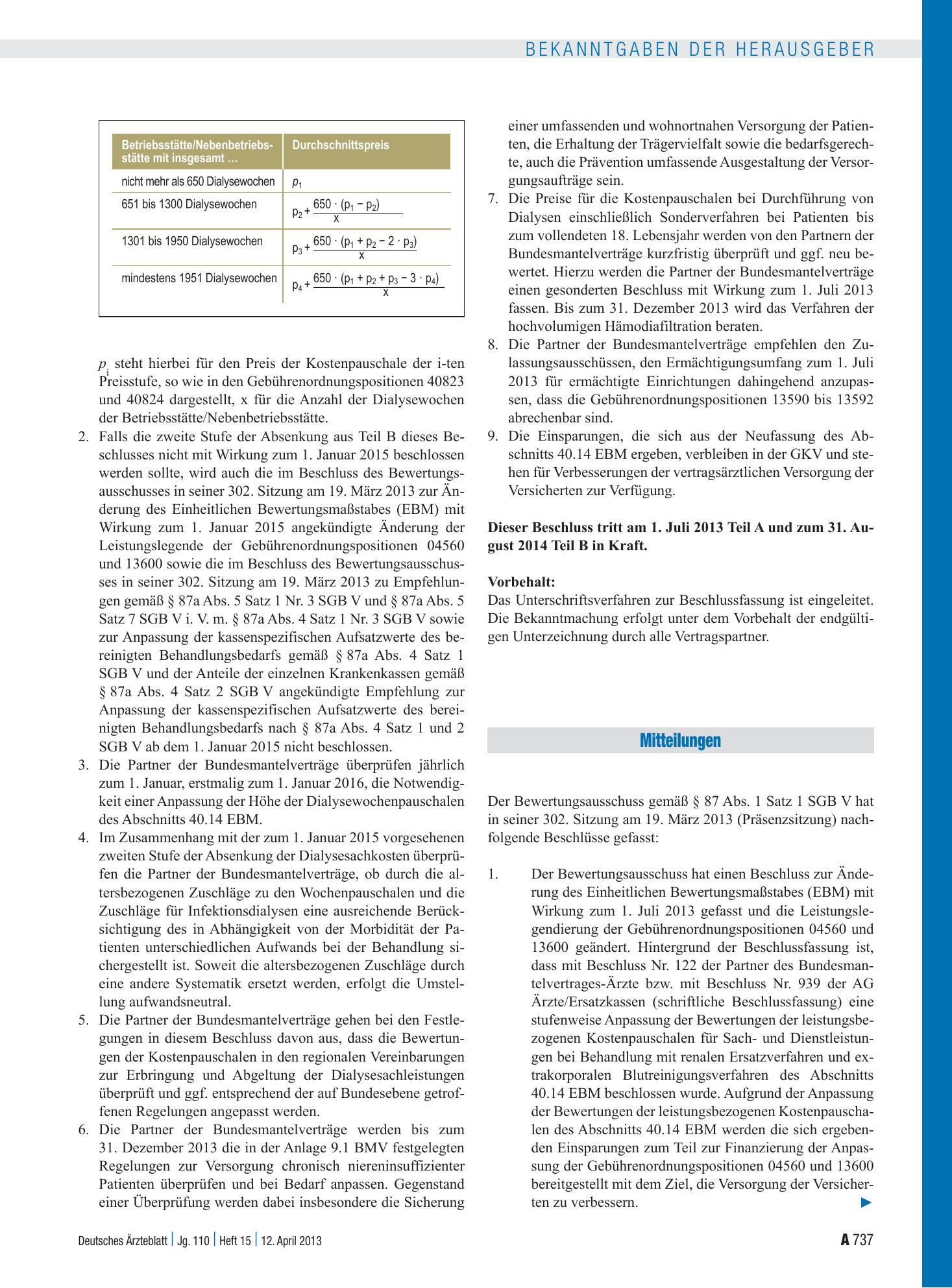Vorschauseite 1: Beschluss des Bewertungsausschusses nach § 87 Abs. 1 Satz 1 SGB V in seiner 302. Sitzung am 19. März 2013 zur Änderung des Einheitlichen Bewertungsmaßstabes (EBM) – Deutsches Ärzt…