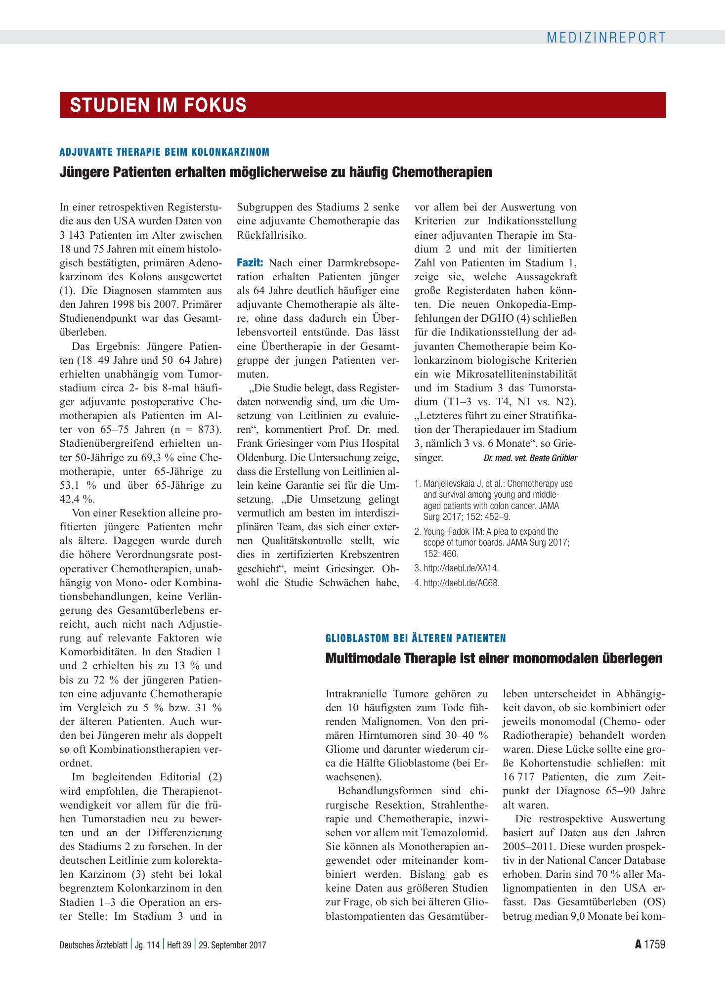 Vorschauseite 1: Glioblastom bei älteren Patienten: Multimodale Therapie ist einer monomodalen überlegen – Deutsches Ärzteblatt
