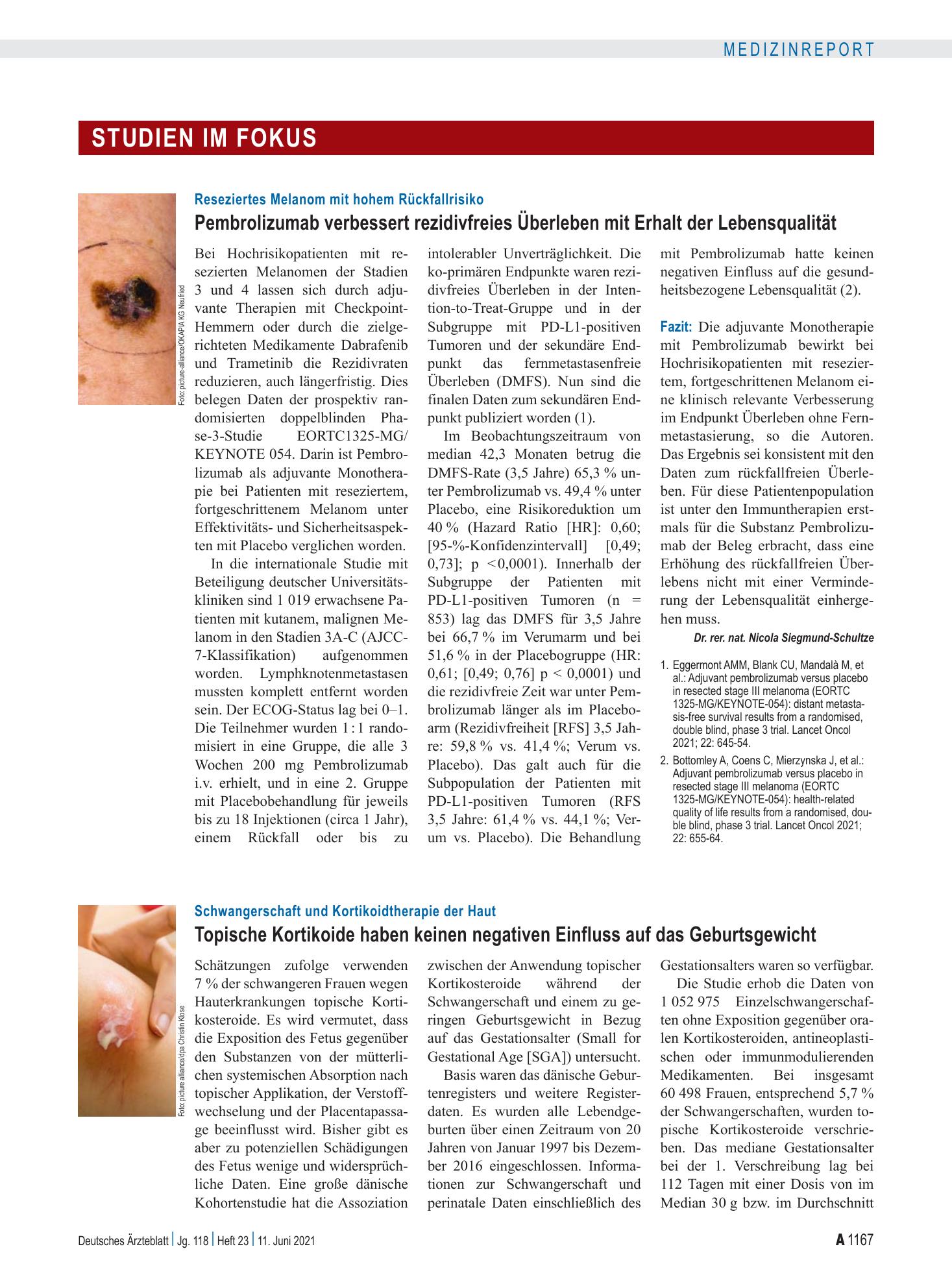 Vorschauseite 1: Reseziertes Melanom mit hohem Rückfallrisiko: Pembrolizumab verbessert rezidivfreies Überleben mit Erhalt der Lebensqualität – Deutsches Ärzteblatt