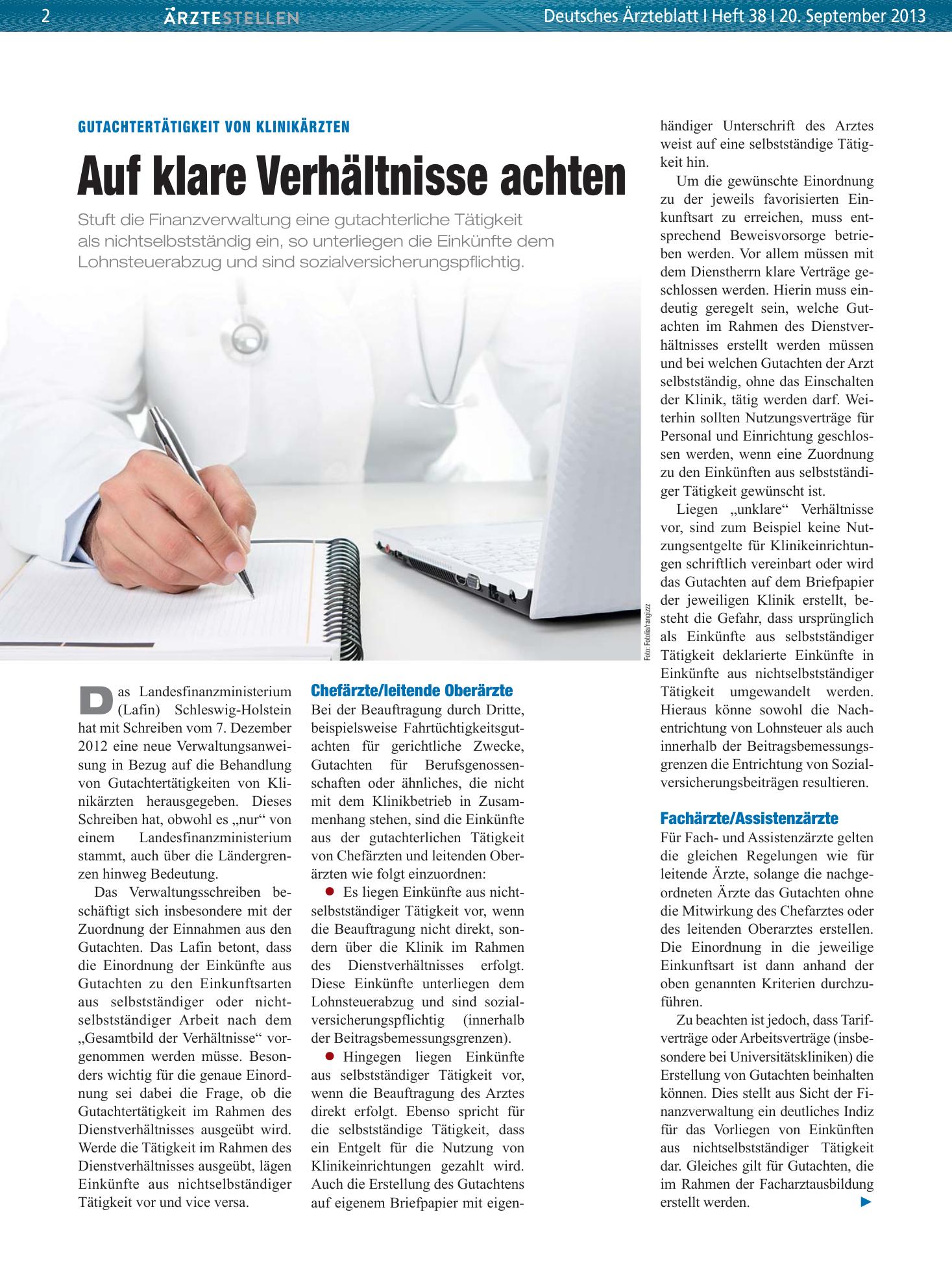 Vorschauseite 1: Gutachtertätigkeit von Klinikärzten: Auf klare Verhältnisse achten – Deutsches Ärzteblatt