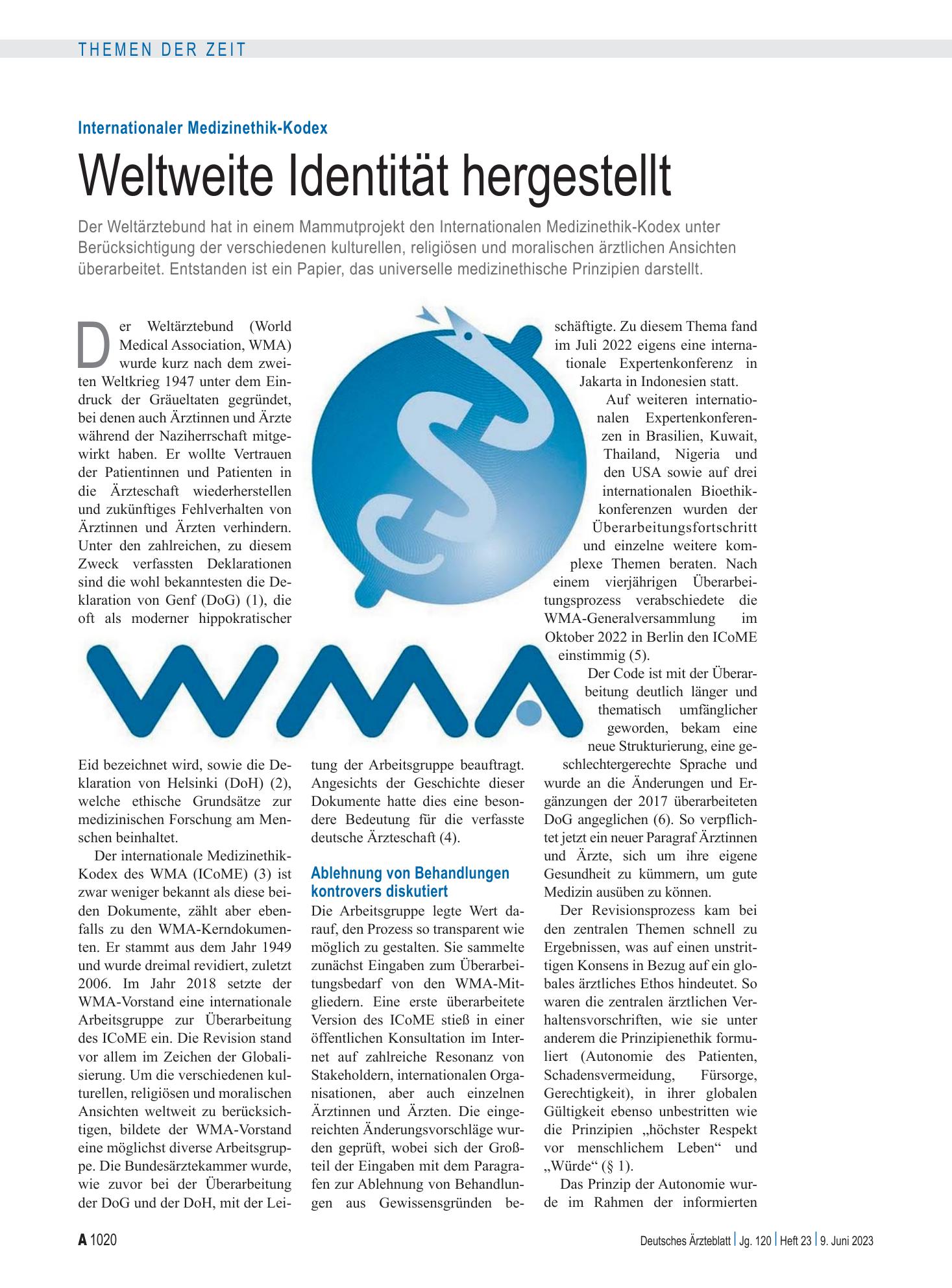 Vorschauseite 1: Internationaler Medizinethik-Kodex: Weltweite Identität hergestellt – Deutsches Ärzteblatt