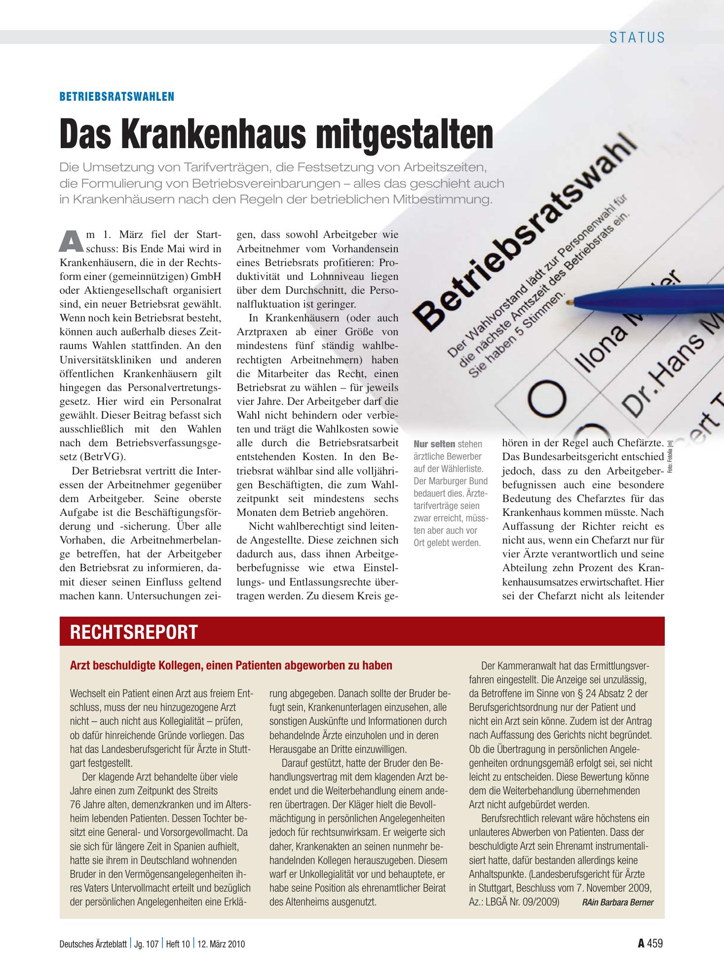 Vorschauseite 1: Betriebsratswahlen: Das Krankenhaus mitgestalten – Deutsches Ärzteblatt