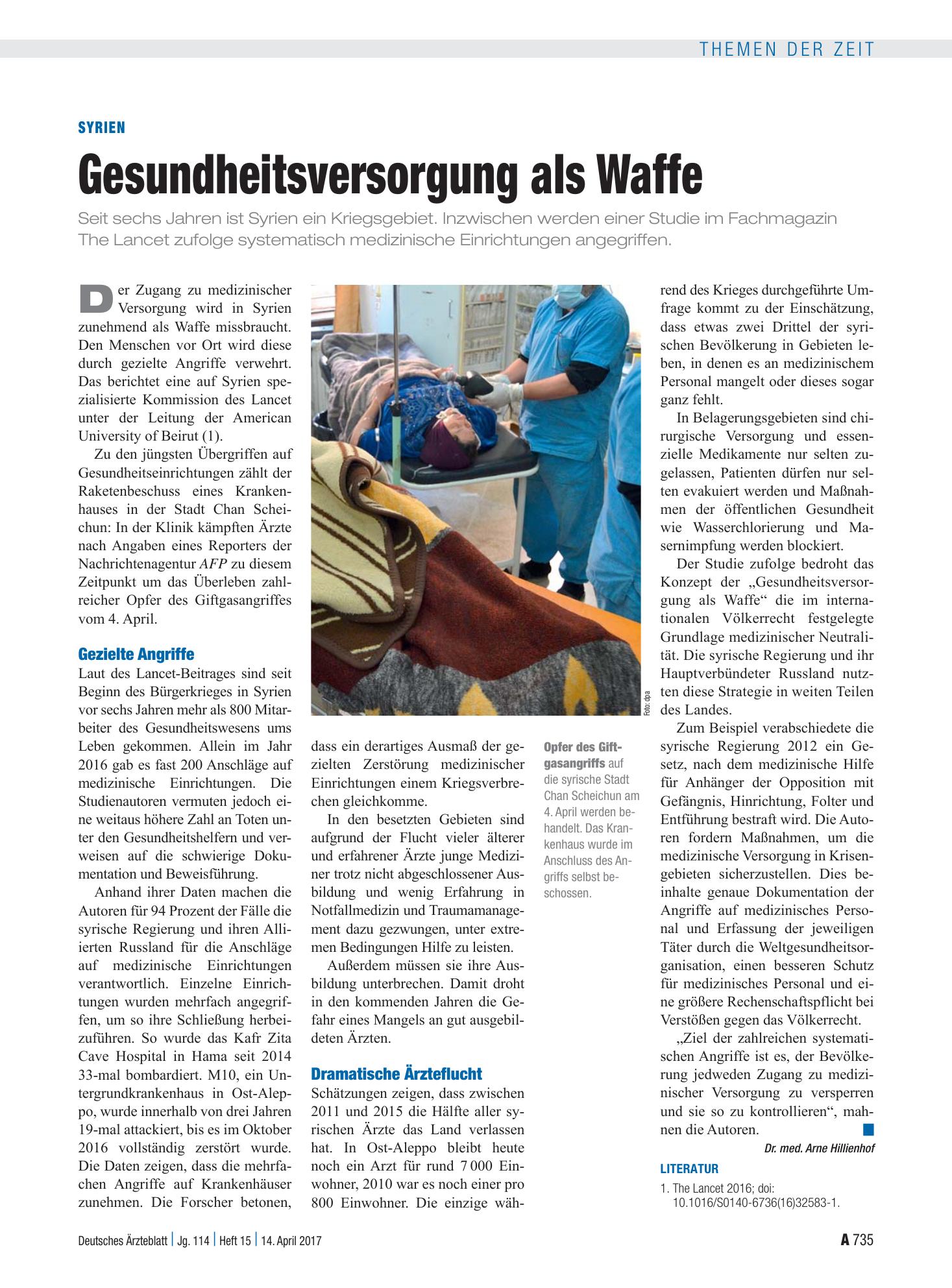 Vorschauseite 1: Syrien: Gesundheitsversorgung als Waffe – Deutsches Ärzteblatt