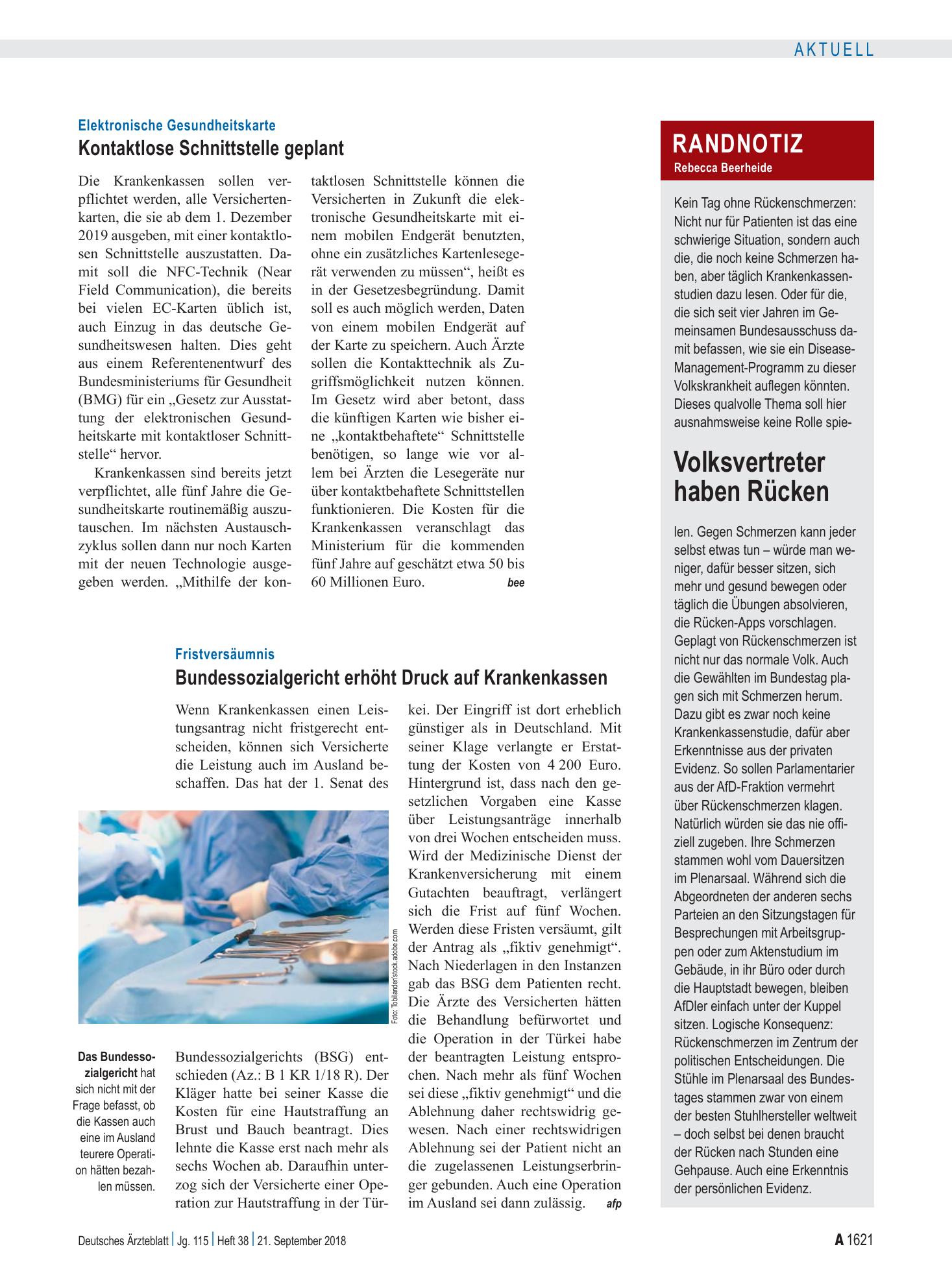 Vorschauseite 1: Randnotiz: Volksvertreter haben Rücken – Deutsches Ärzteblatt