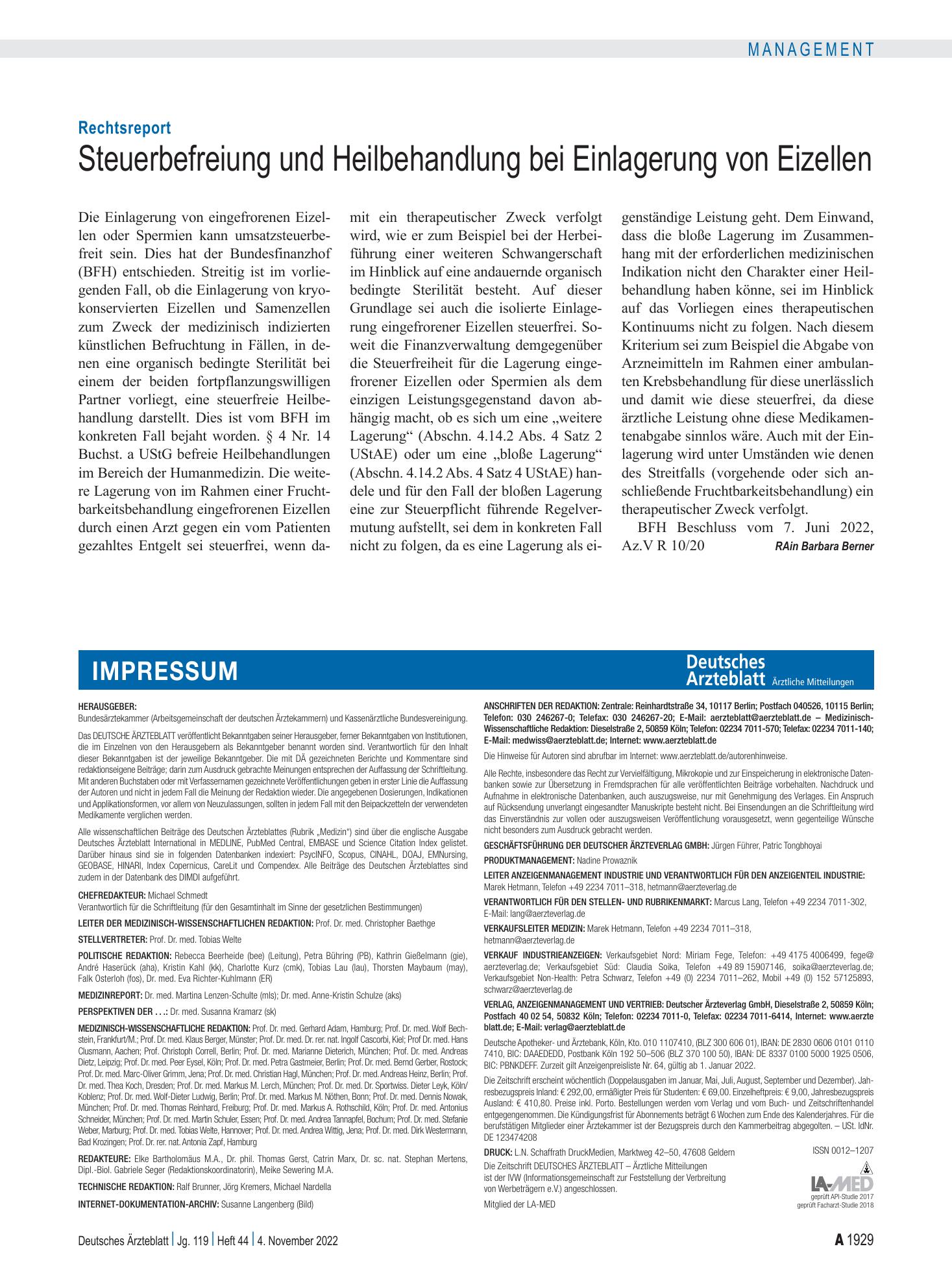 Vorschauseite 1: Rechtsreport: Steuerbefreiung und Heilbehandlung bei Einlagerung von Eizellen – Deutsches Ärzteblatt
