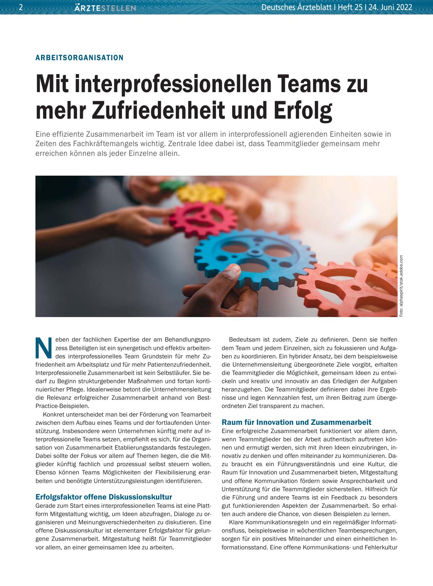 Vorschauseite 1: Arbeitsorganisation: Mit interprofessionellen Teams zu mehr Zufriedenheit und Erfolg – Deutsches Ärzteblatt