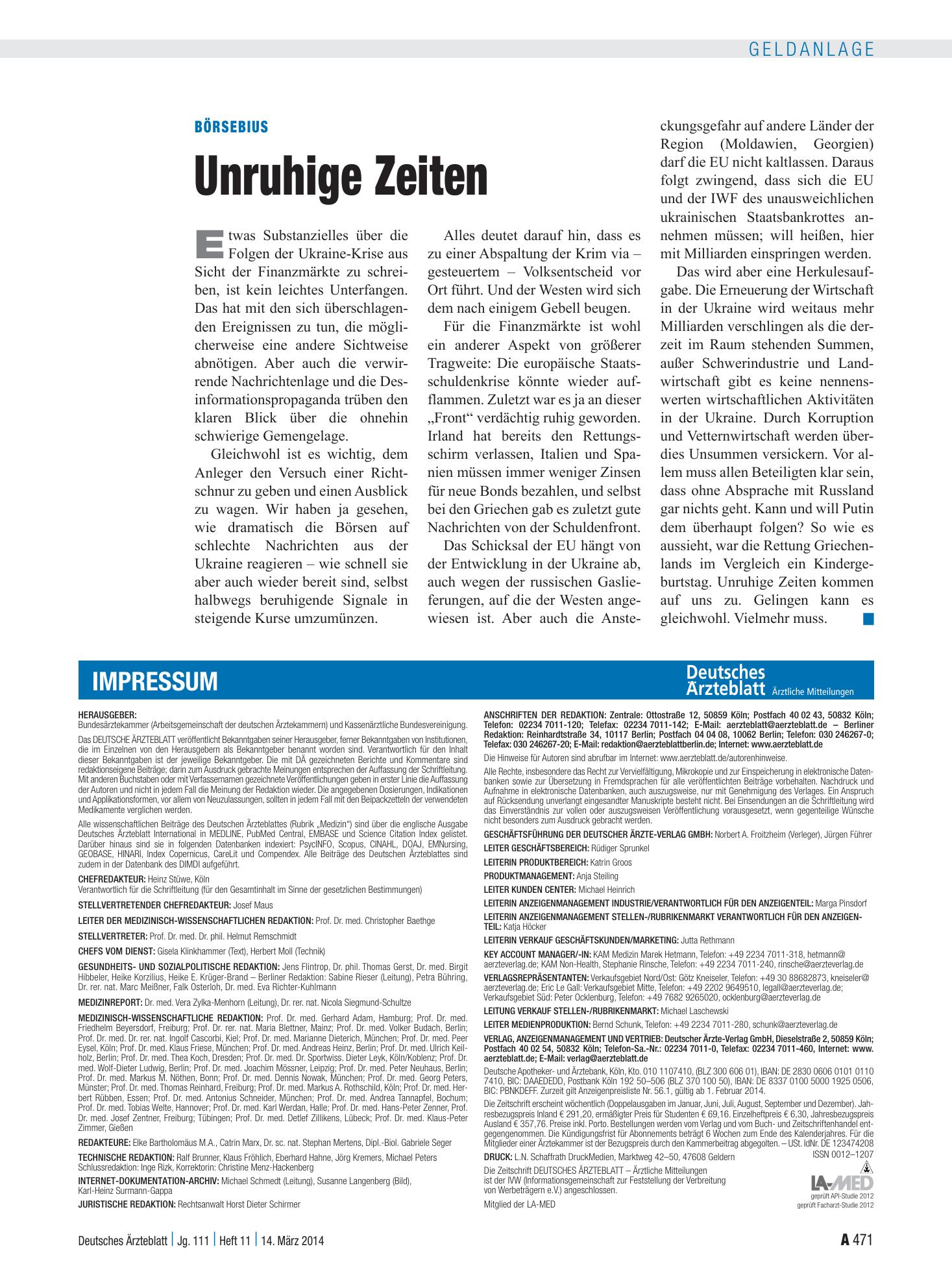Vorschauseite 1: Börsebius: Unruhige Zeiten – Deutsches Ärzteblatt
