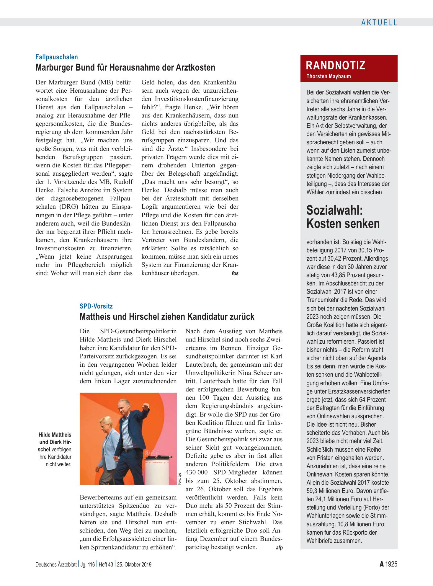 Vorschauseite 1: Randnotiz: Sozialwahl Kosten senken – Deutsches Ärzteblatt