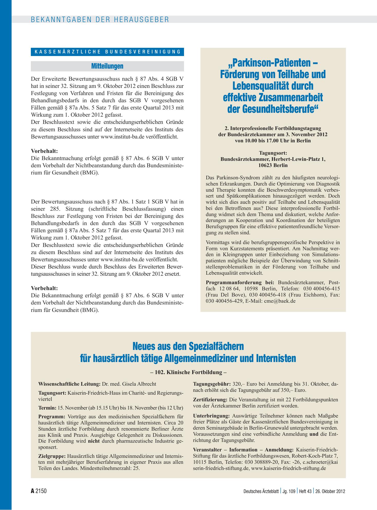 Vorschauseite 1: Mitteilungen – Deutsches Ärzteblatt