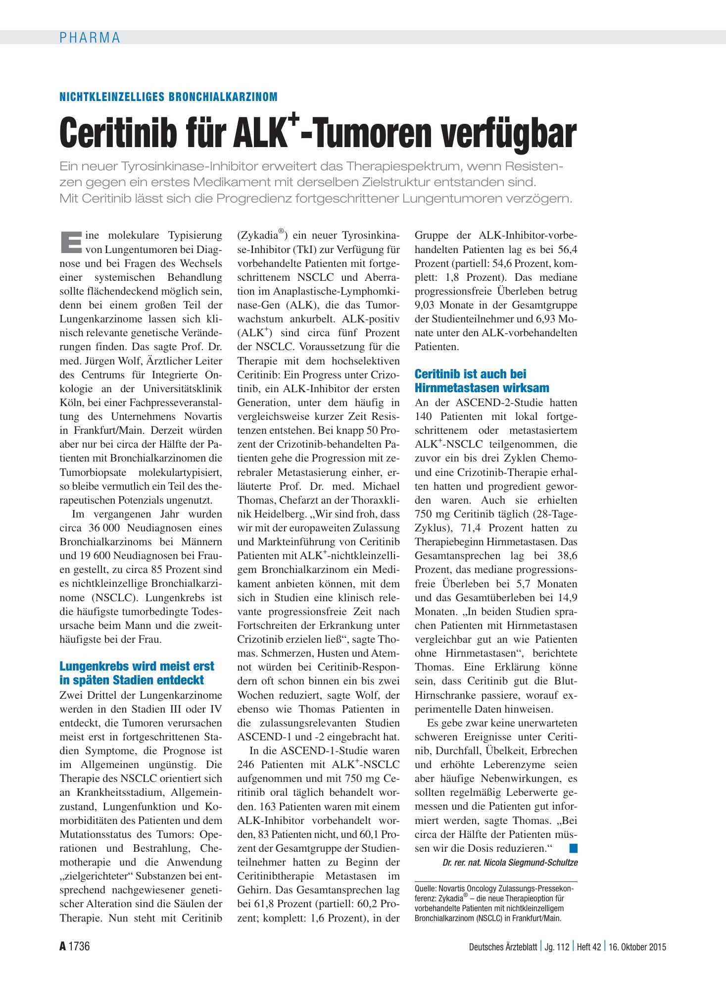 Vorschauseite 1: Nichtkleinzelliges Bronchialkarzinom: Ceritinib für ALK + -Tumoren verfügbar – Deutsches Ärzteblatt