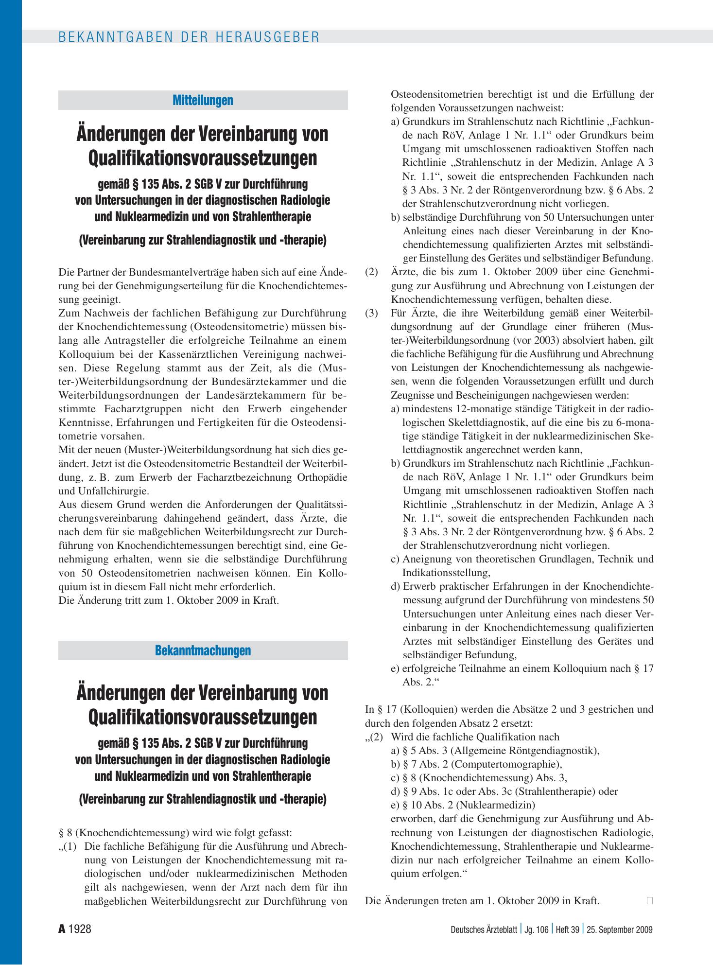 Vorschauseite 1: Mitteilungen: Änderungen der Vereinbarung von Qualifikationsvoraussetzungen – Deutsches Ärzteblatt